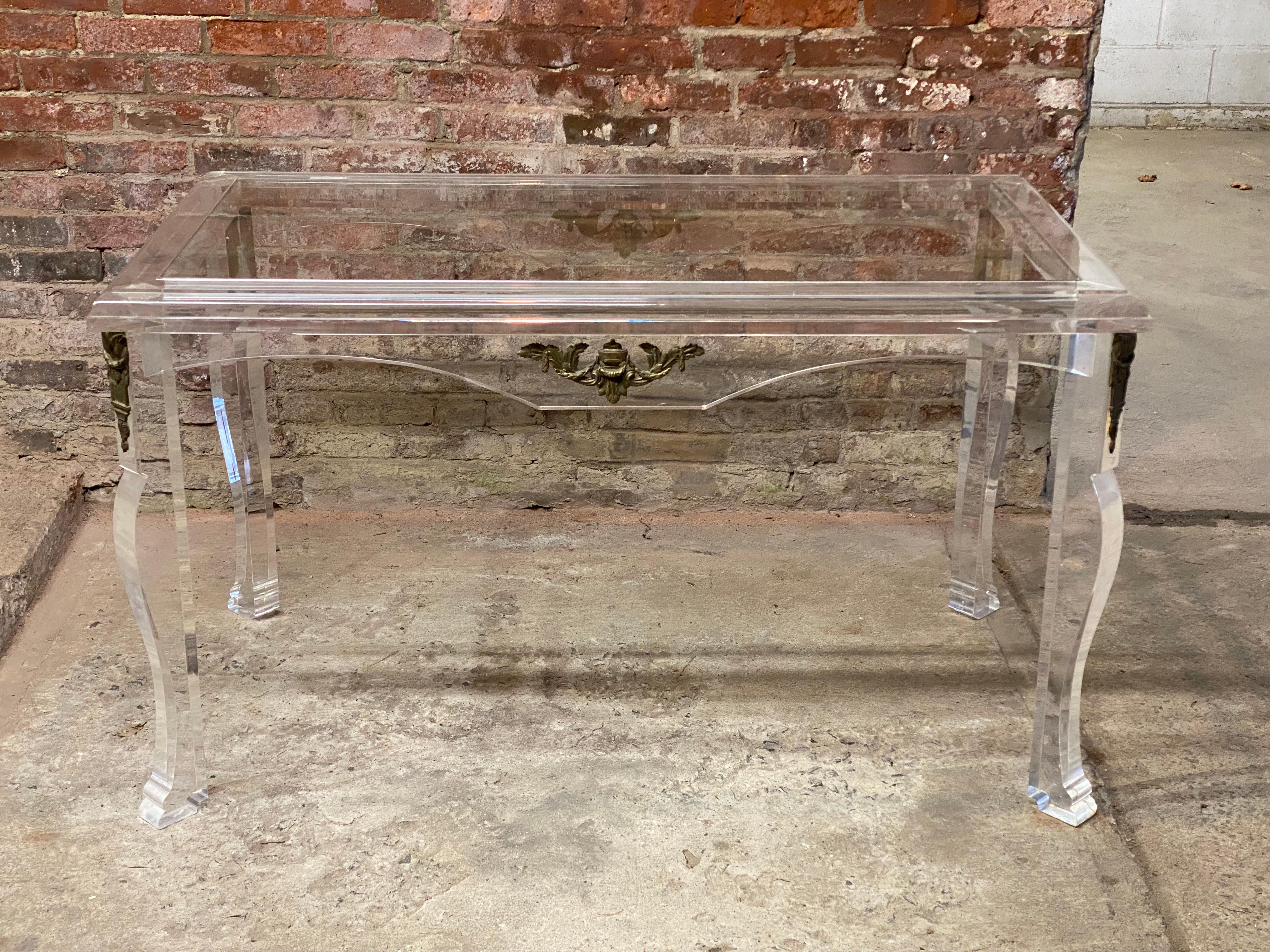 Post-Modern Custom Post Modern Lucite and Glass with Bronze Ormolu Table For Sale
