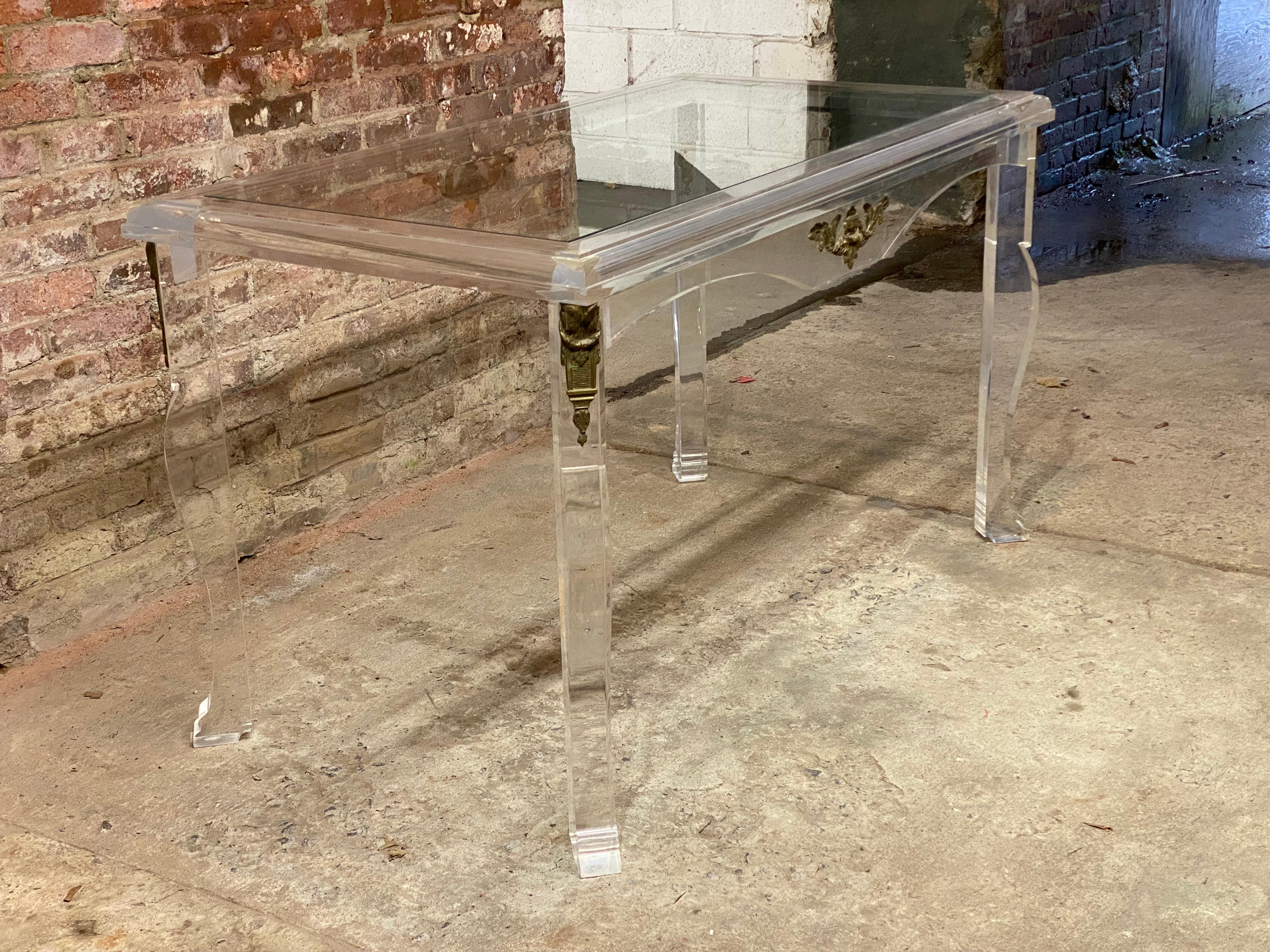 Cast Custom Post Modern Lucite and Glass with Bronze Ormolu Table