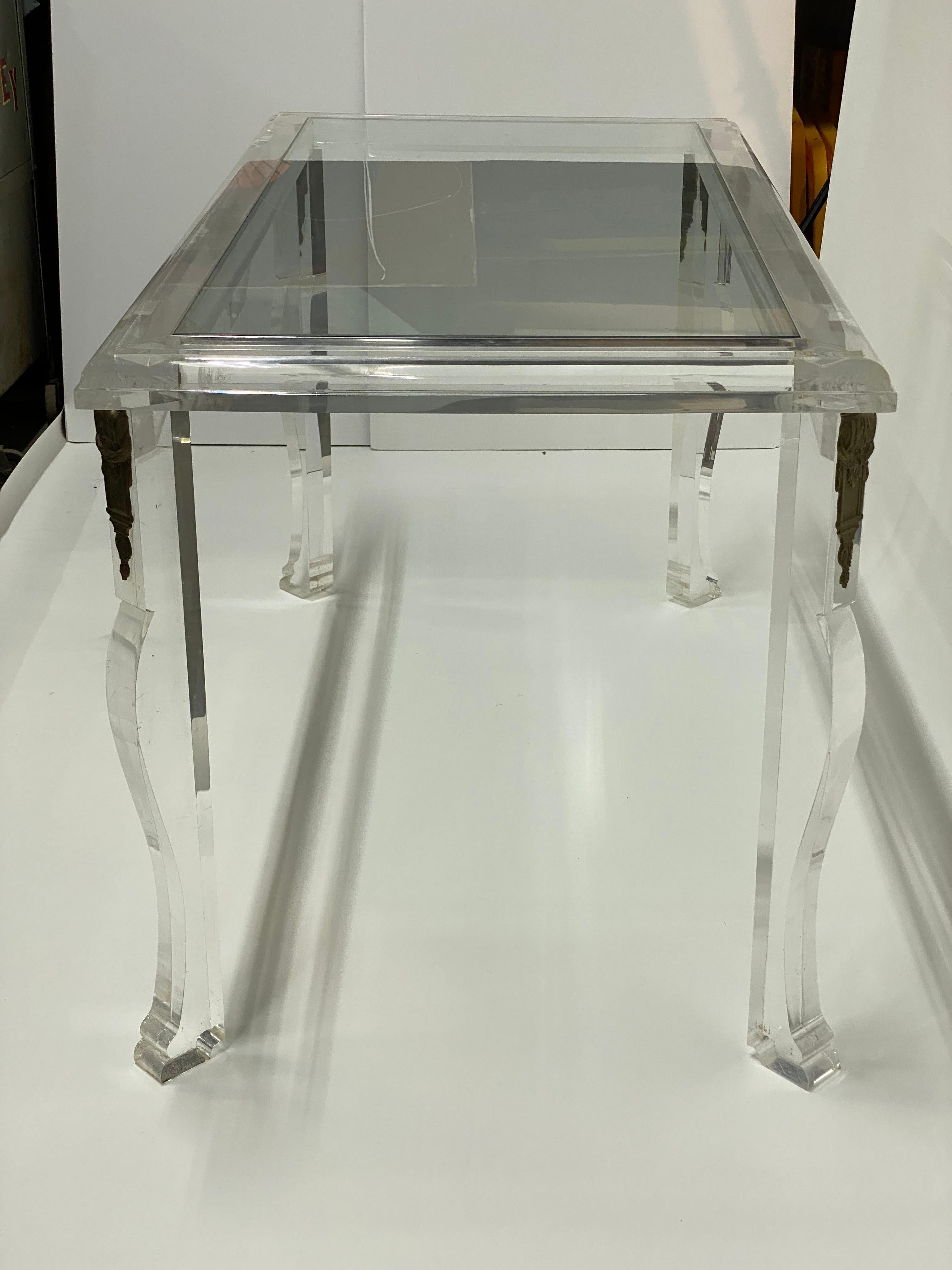 Custom Post Modern Lucite and Glass with Bronze Ormolu Table In Good Condition For Sale In Garnerville, NY