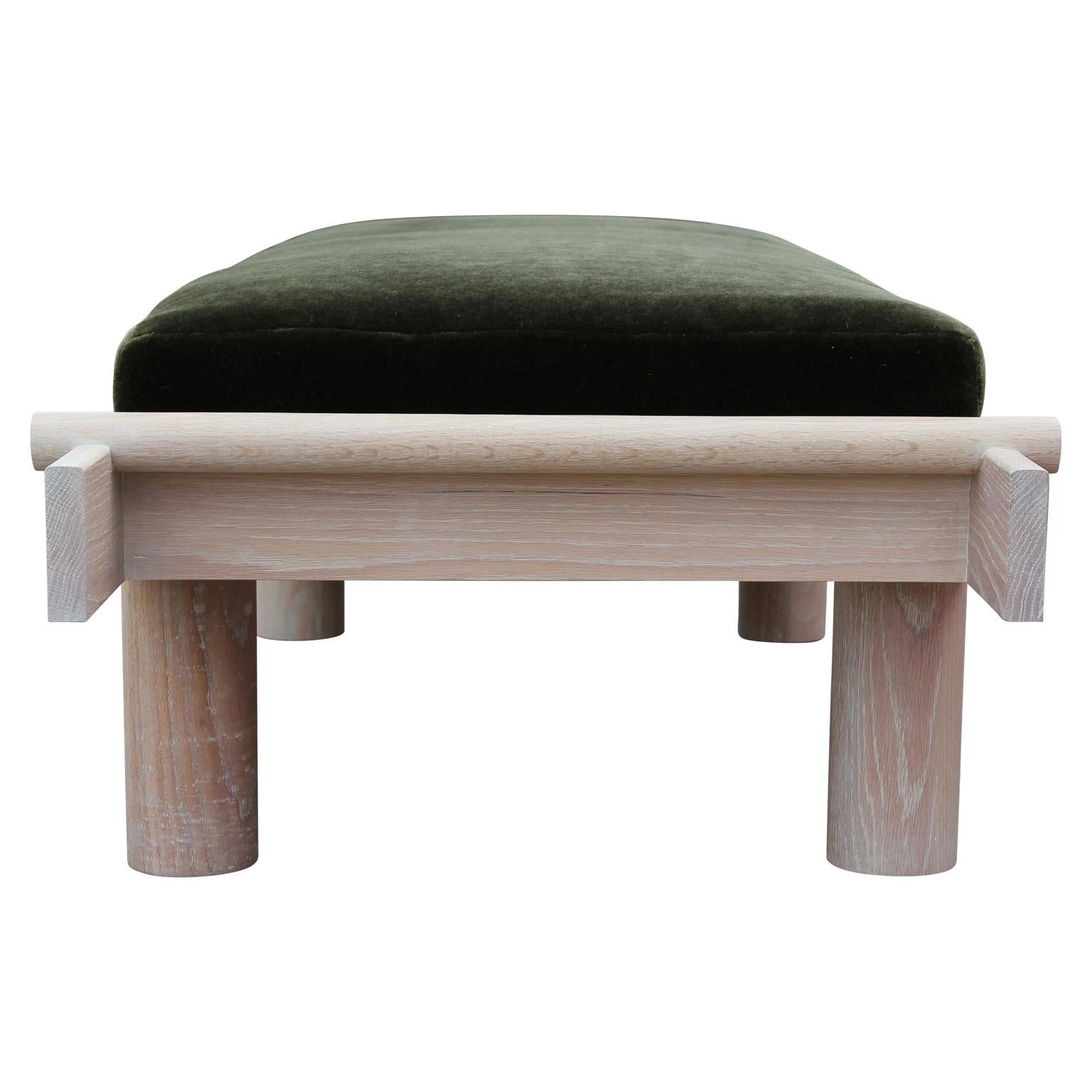 Modern Custom Postmodern Sculptural Natural Cerused Bench with Green Mohair