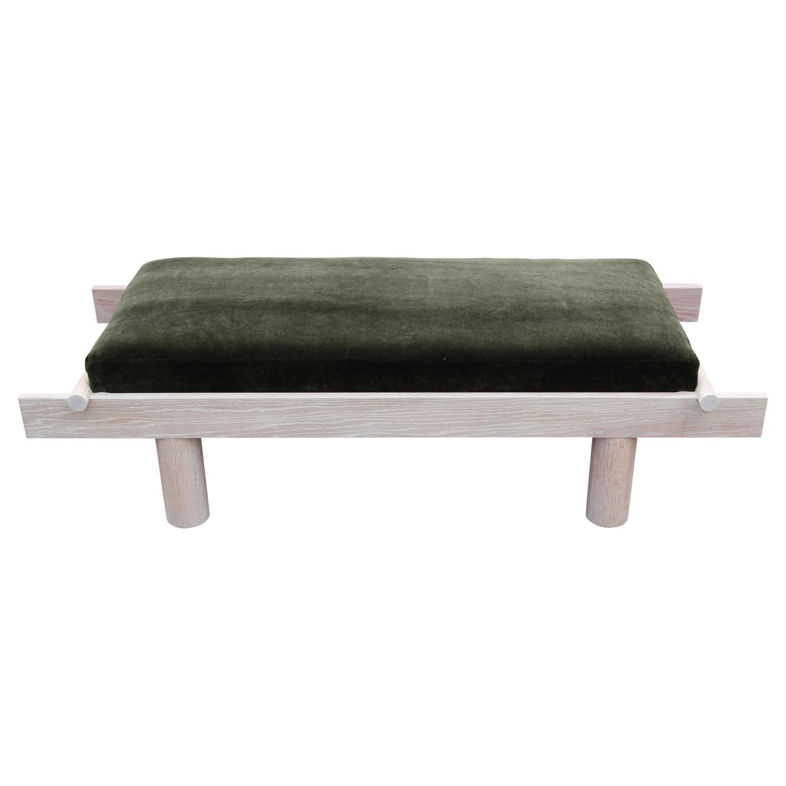 Custom Postmodern Sculptural Natural Cerused Bench with Green Mohair In New Condition In Houston, TX