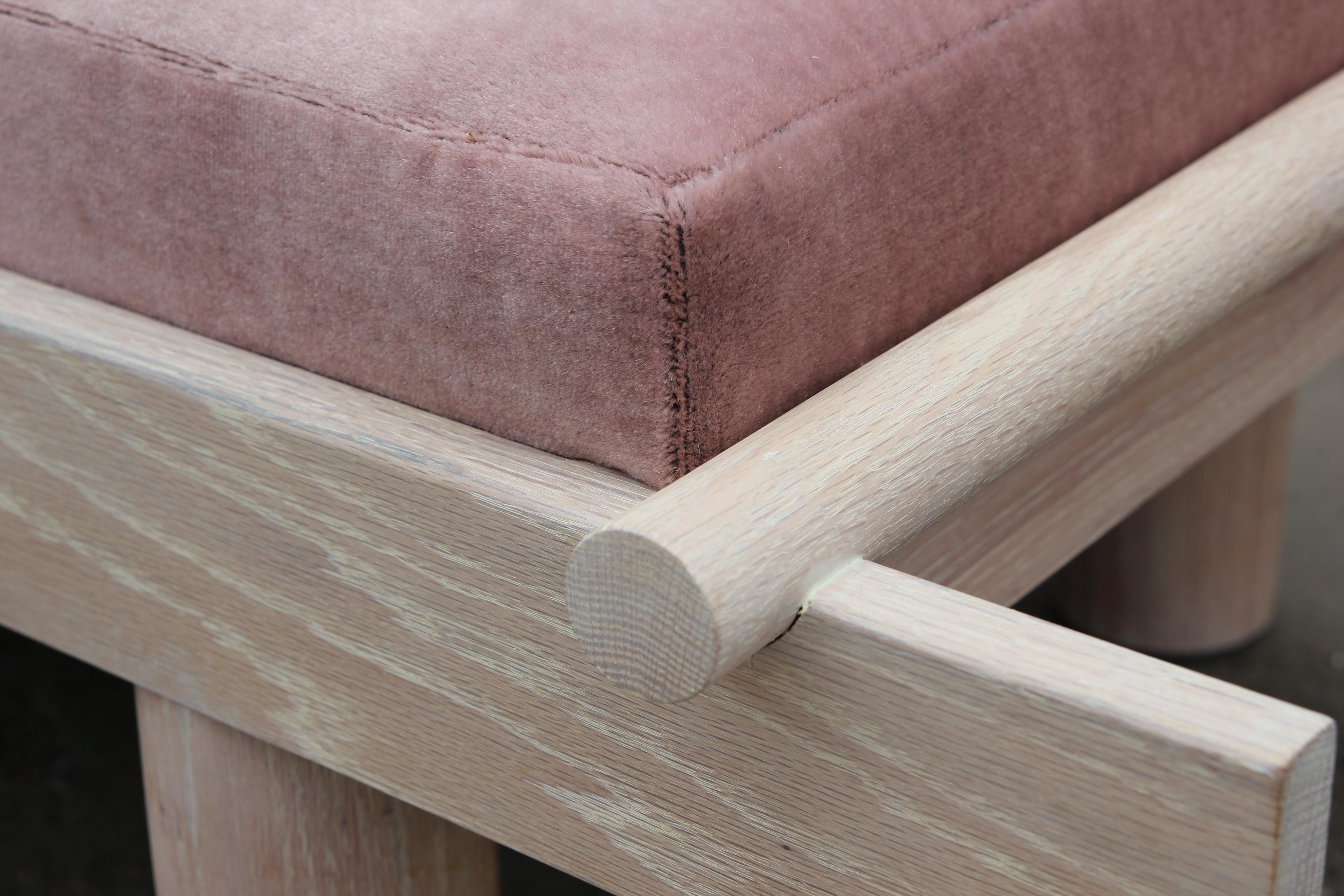 Modern Custom Postmodern Sculptural Natural Cerused Oak Bench with Pink Mohair