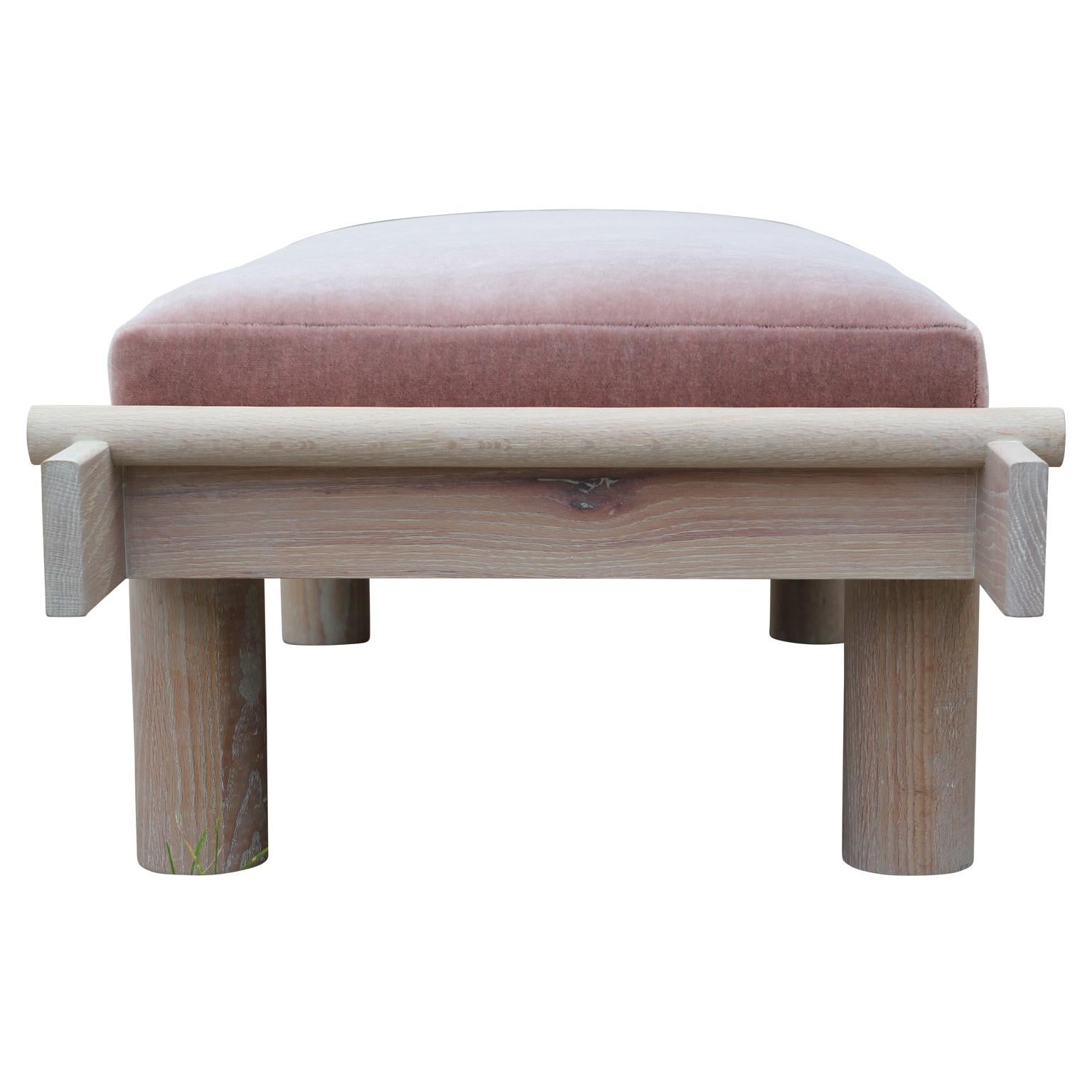 American Custom Postmodern Sculptural Natural Cerused Oak Bench with Pink Mohair