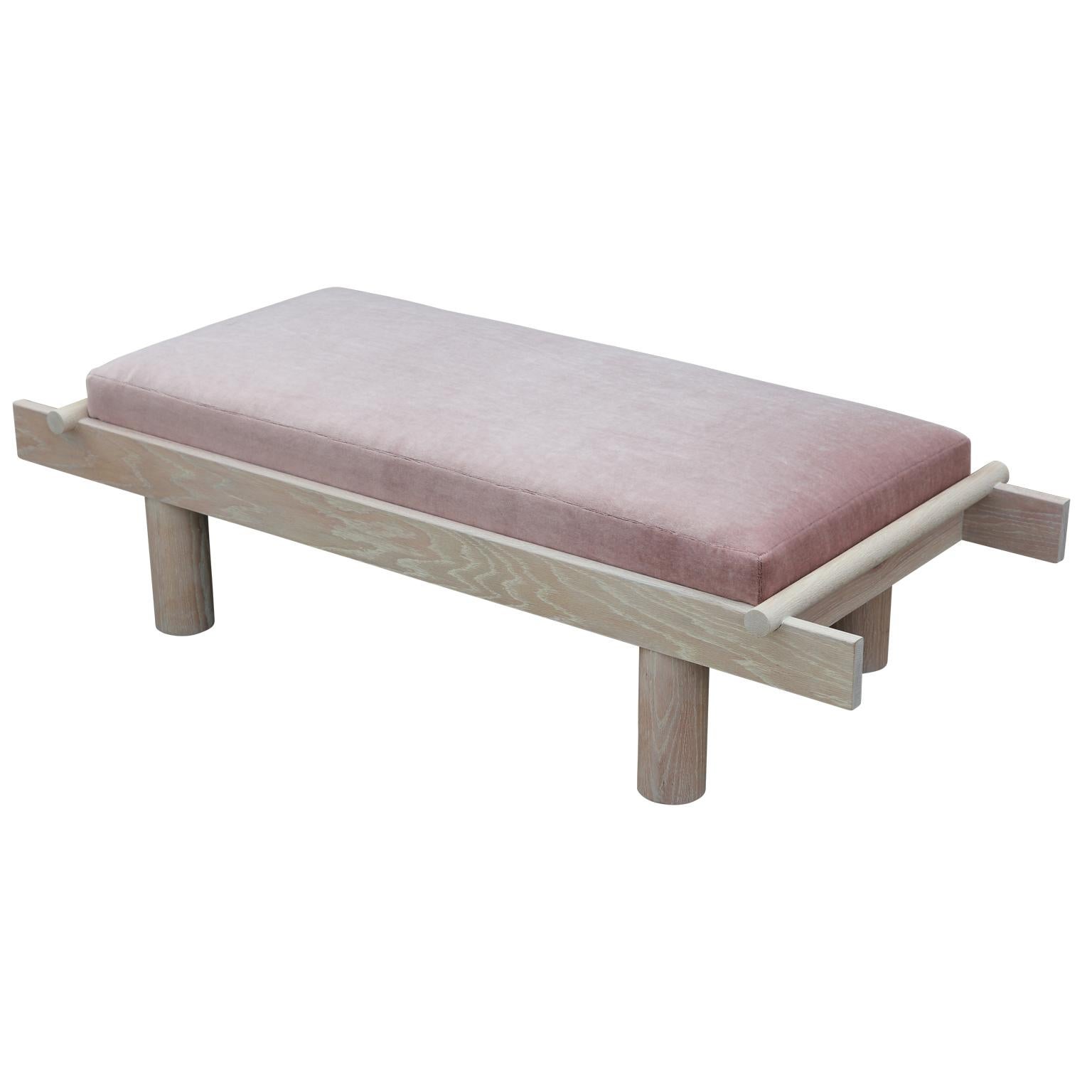 Custom Postmodern Sculptural Natural Cerused Oak Bench with Pink Mohair In New Condition In Houston, TX