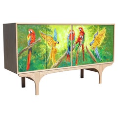 Custom Postmodern Tropical Hand Painted Parrot Jungle Oak Sideboard