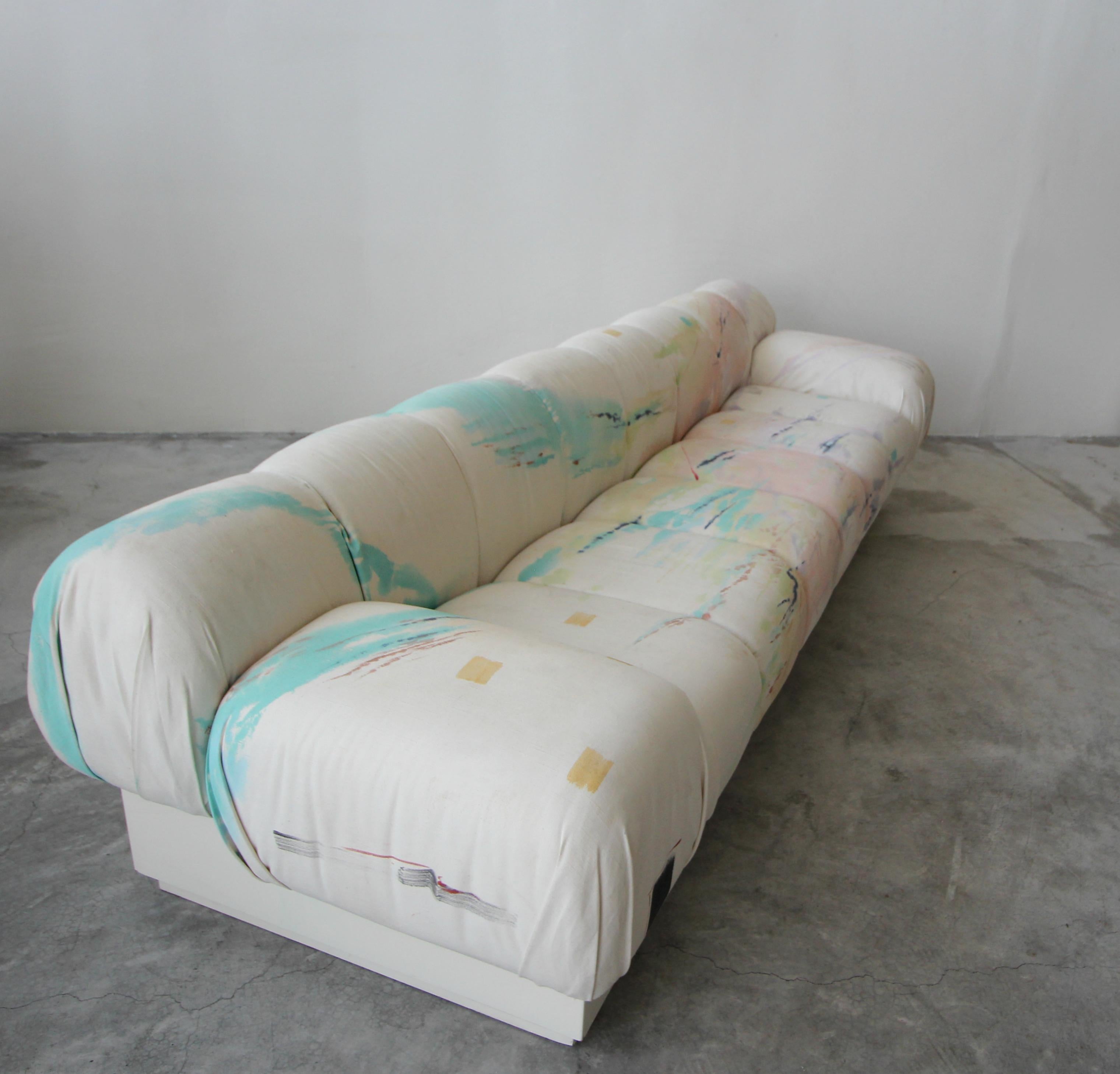 Custom Postmodern Italian Style Sofa on Plinth Base Artist Signed Fabric In Good Condition In Las Vegas, NV