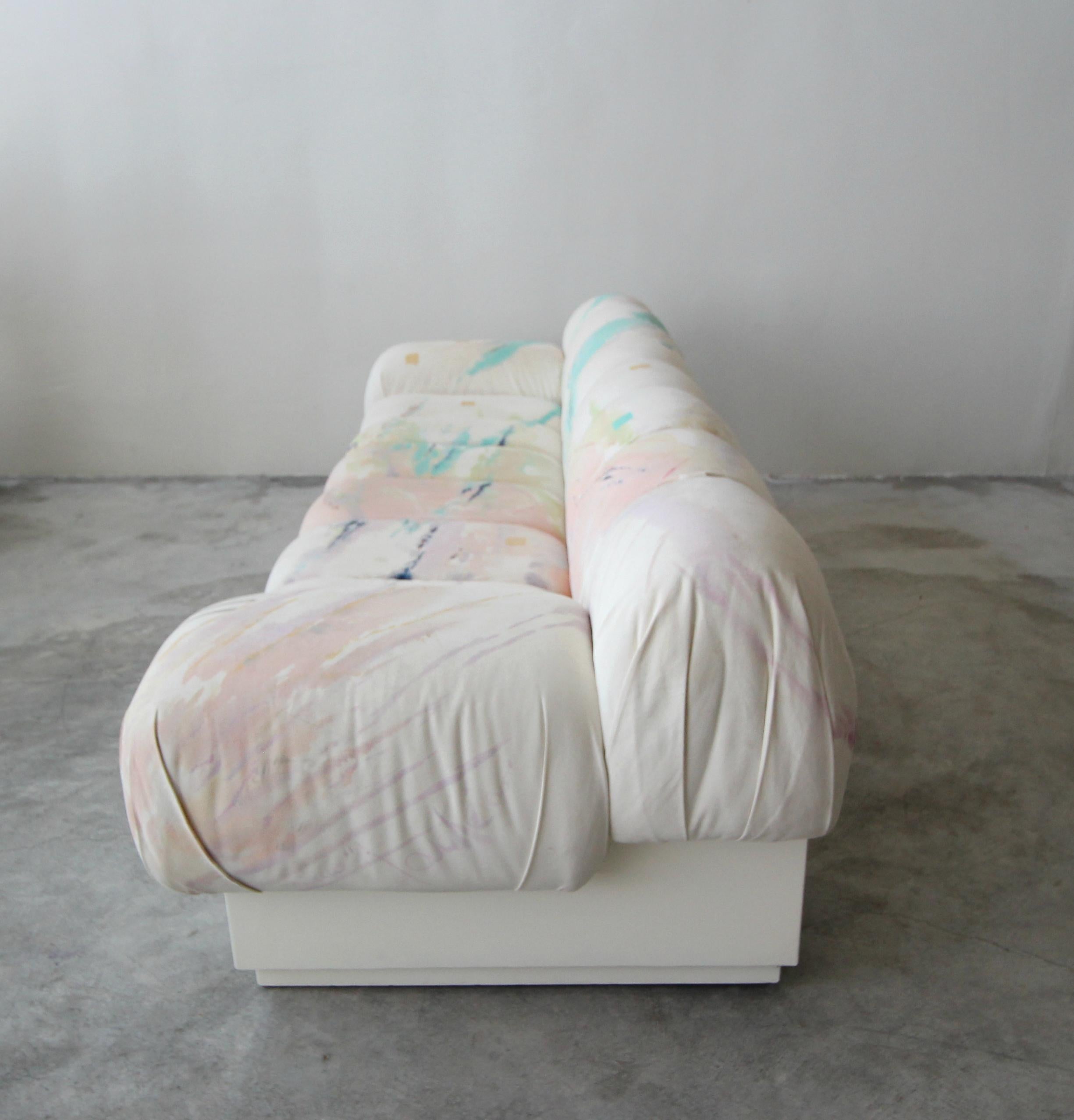 Custom Postmodern Italian Style Sofa on Plinth Base Artist Signed Fabric 1