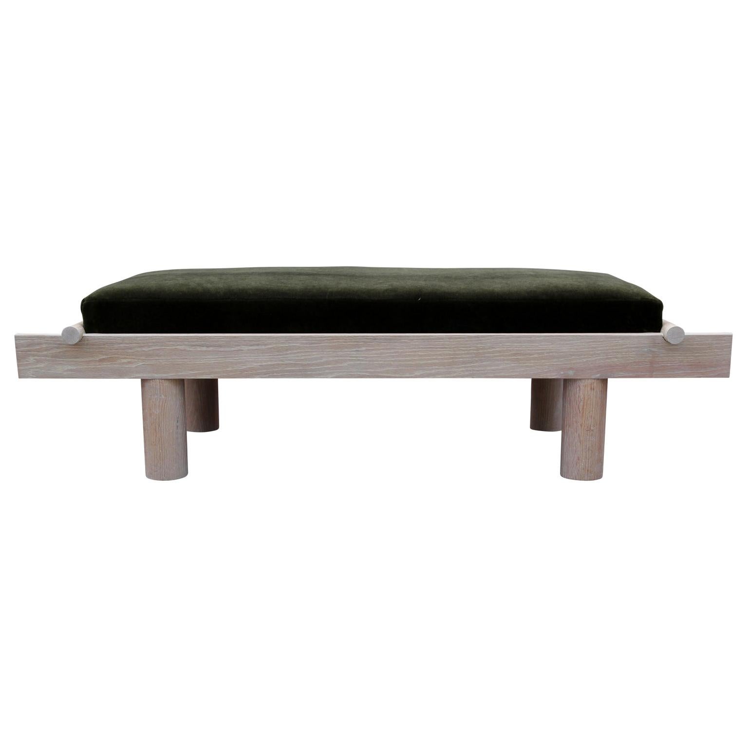 Custom Postmodern Sculptural Natural Cerused Bench with Green Mohair