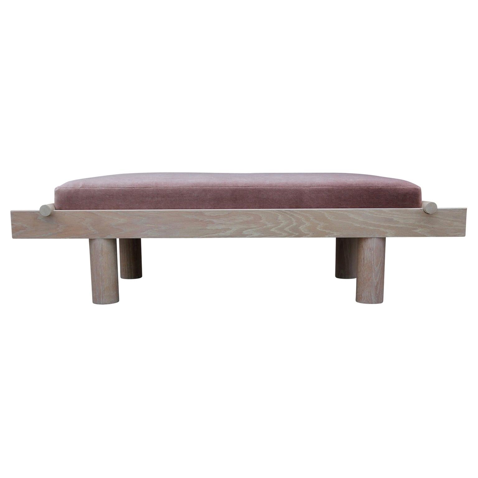 Custom Postmodern Sculptural Natural Cerused Oak Bench with Pink Mohair