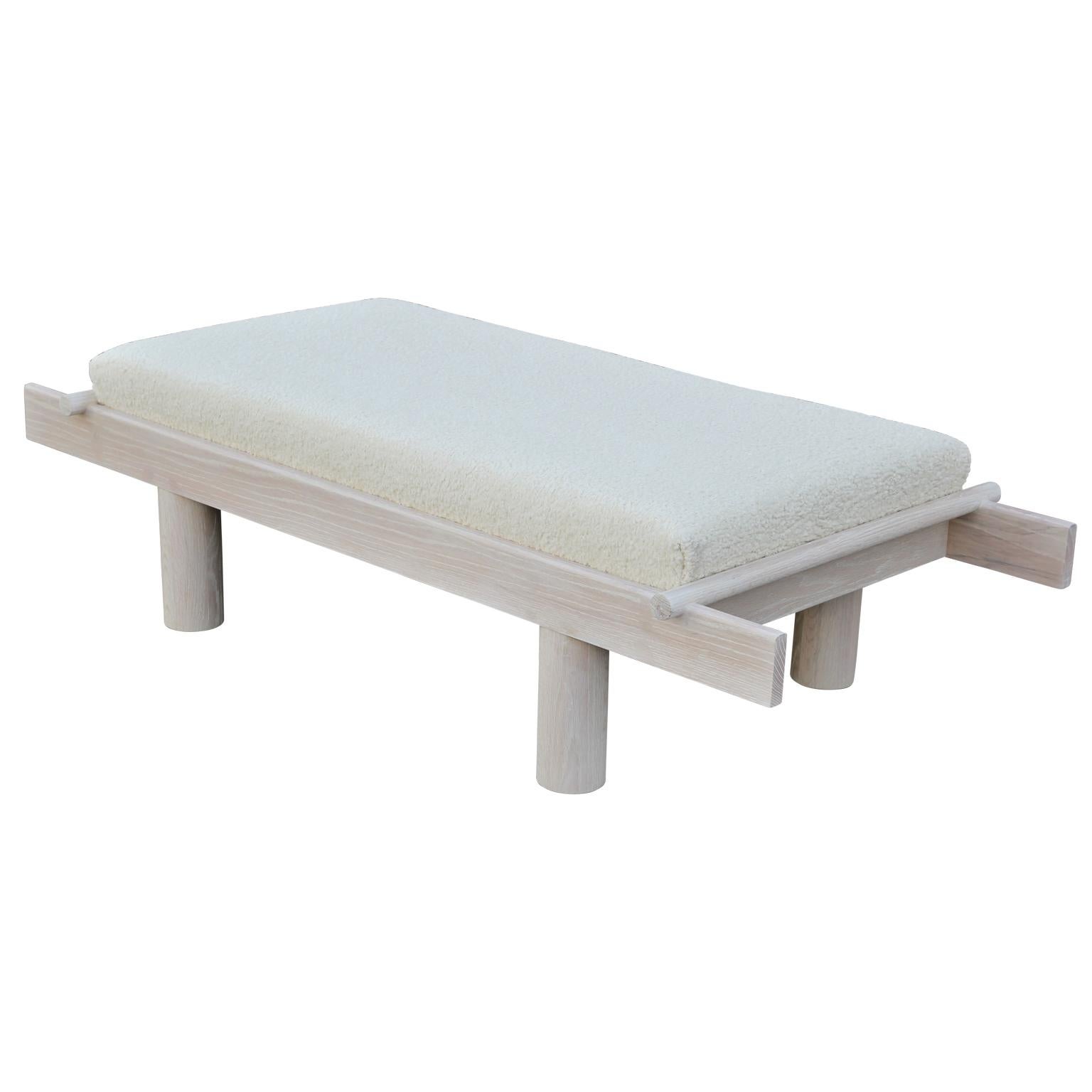 Modern Custom Postmodern Sculptural Natural Cerused Oak Bench with White Shearling