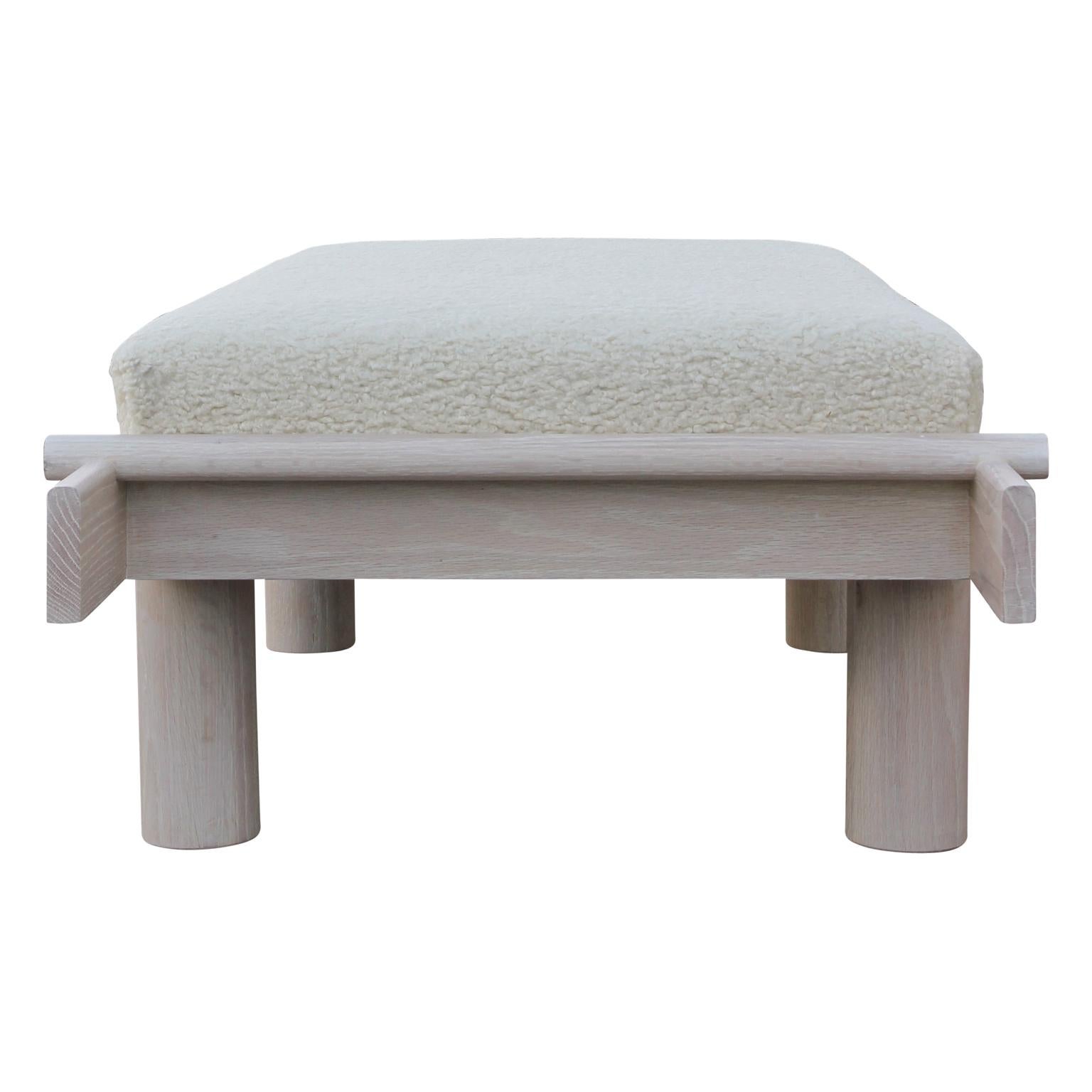 American Custom Postmodern Sculptural Natural Cerused Oak Bench with White Shearling