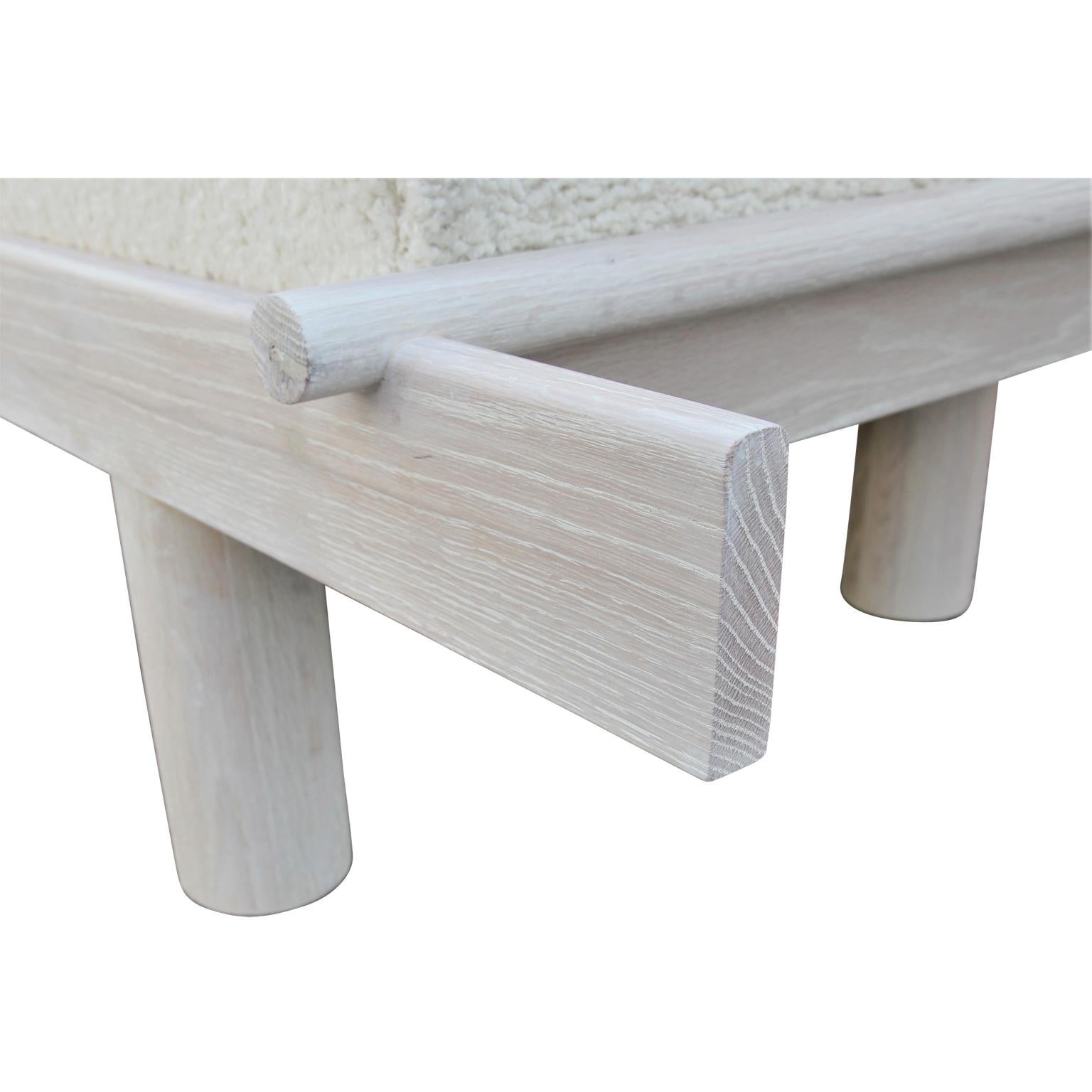 Custom Postmodern Sculptural Natural Cerused Oak Bench with White Shearling In Excellent Condition In Houston, TX