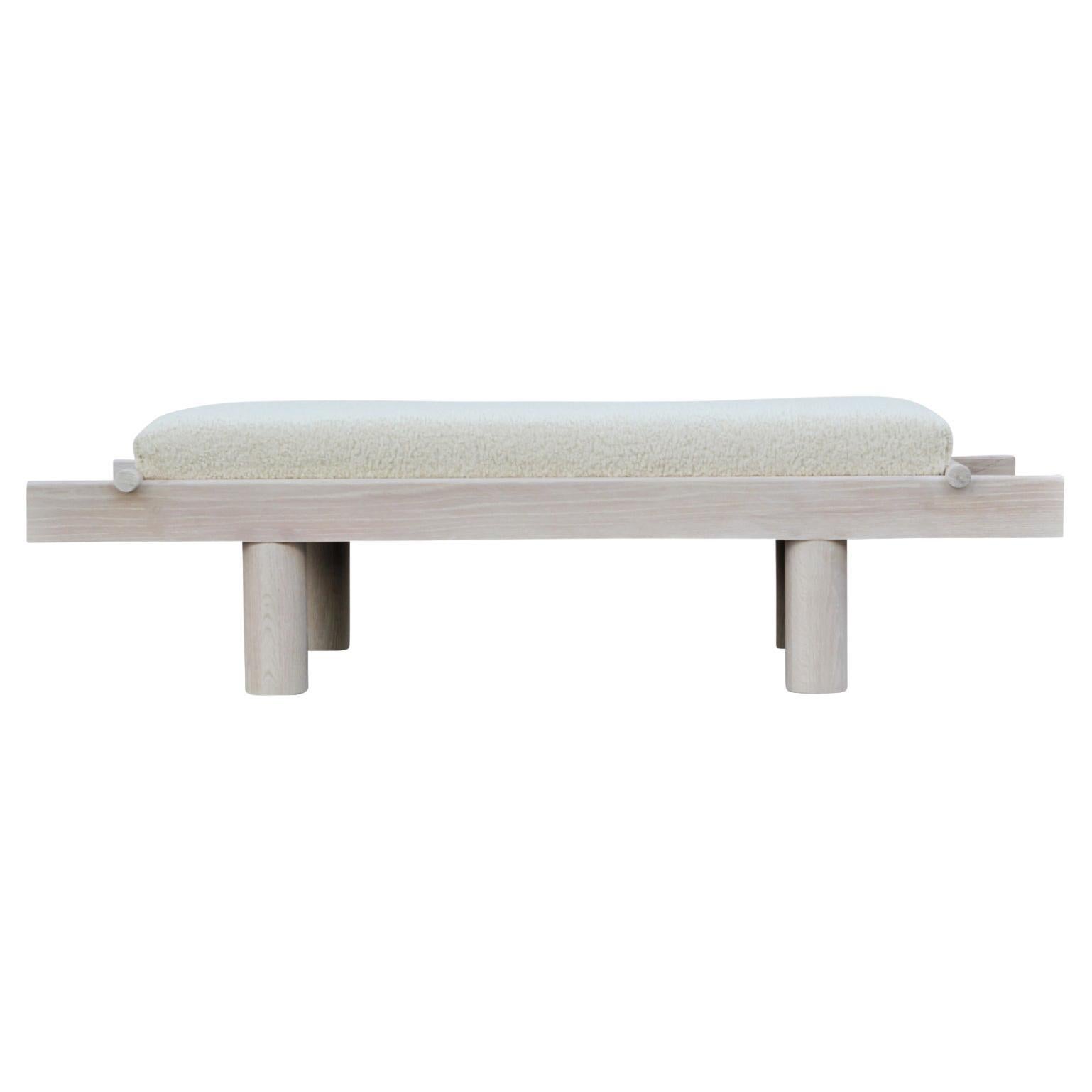 Custom Postmodern Sculptural Natural Cerused Oak Bench with White Shearling