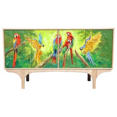 Custom Postmodern Tropical Hand Painted Parrot Jungle Oak Sideboard