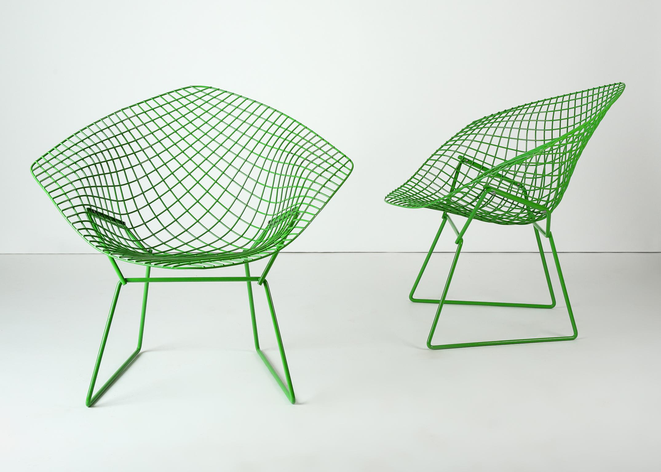 Pair of Harry Bertioa for Knoll diamond chairs recently restored and powder coated in a lively apple g green .