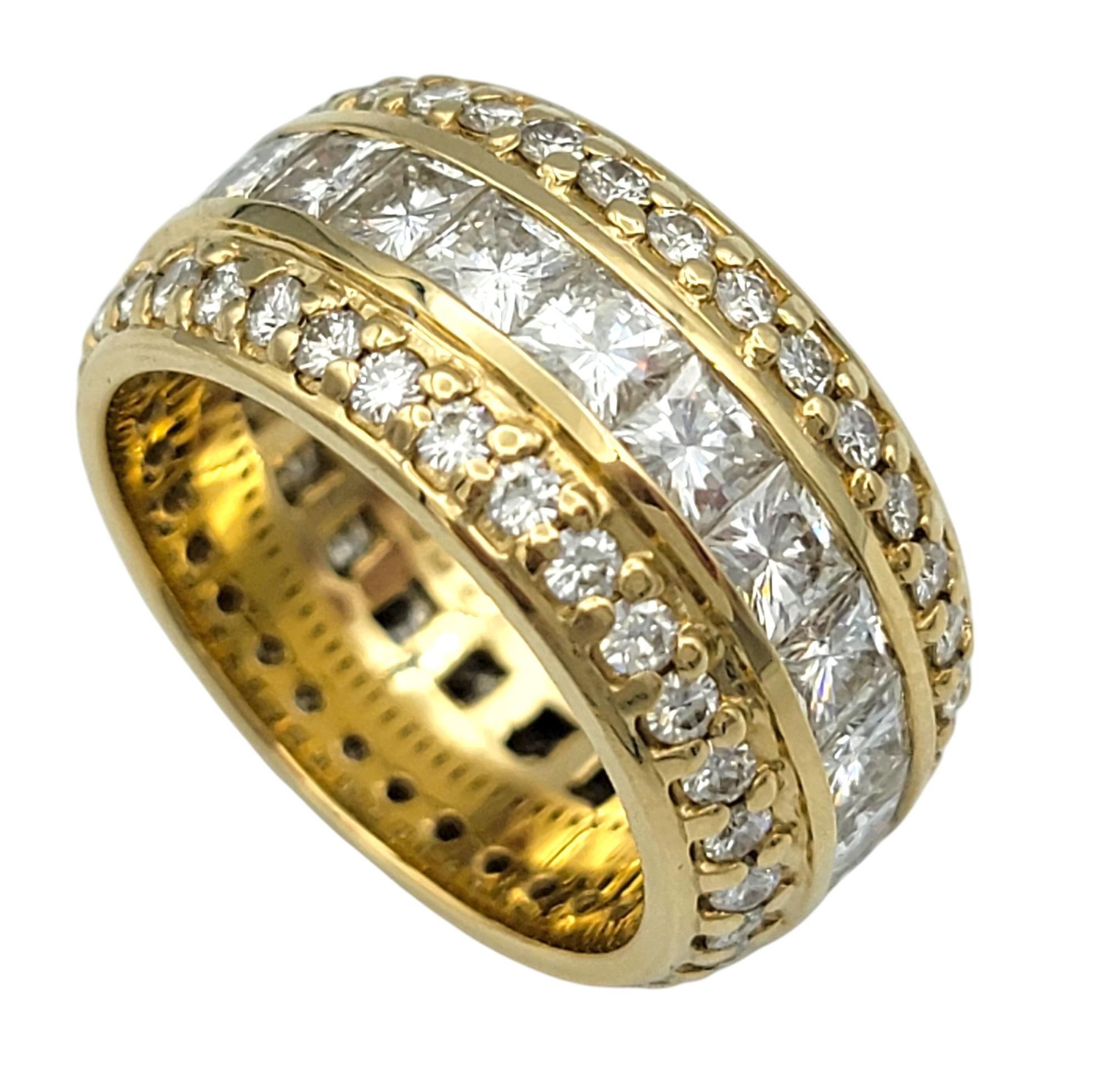 Ring Size: 7 

This custom designed moissanite ring is a captivating blend of brilliance and sophistication. Set in a luxurious 14 karat yellow gold band, the ring features an exquisite combination of round and princess cut moissanite stones,