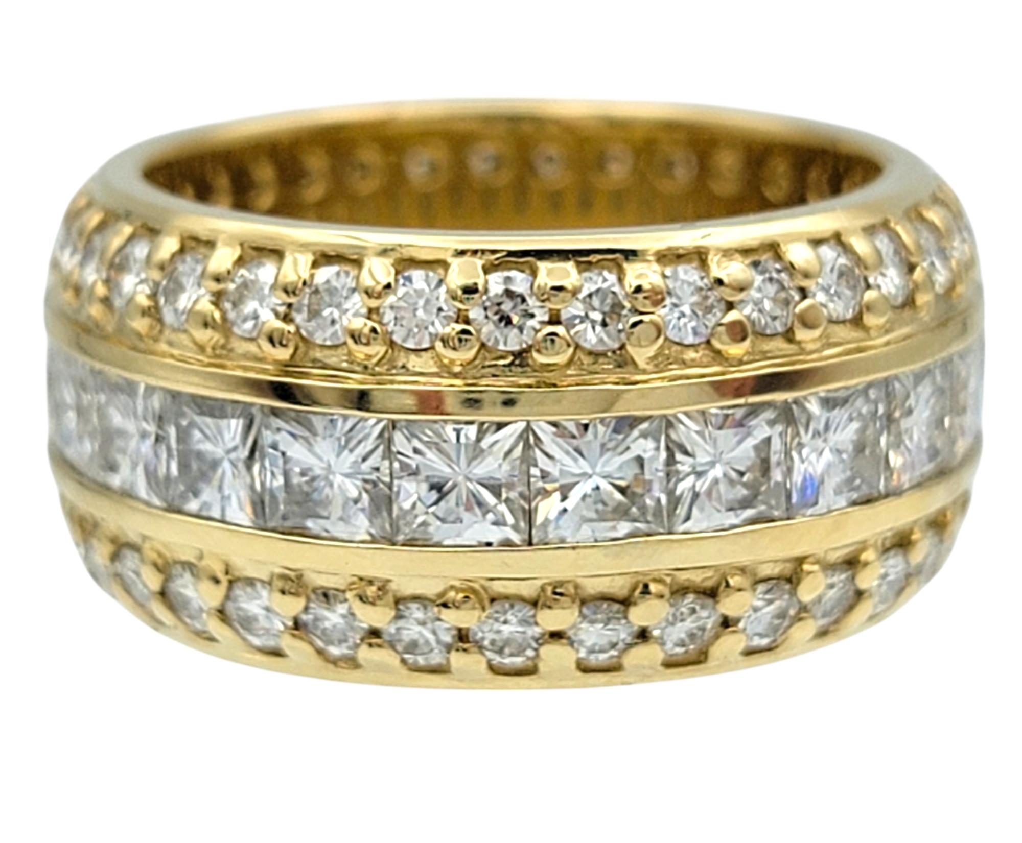 Contemporary Custom Princess and Round Cut Moissanite Wide Band Ring in 14 Karat Yellow Gold For Sale