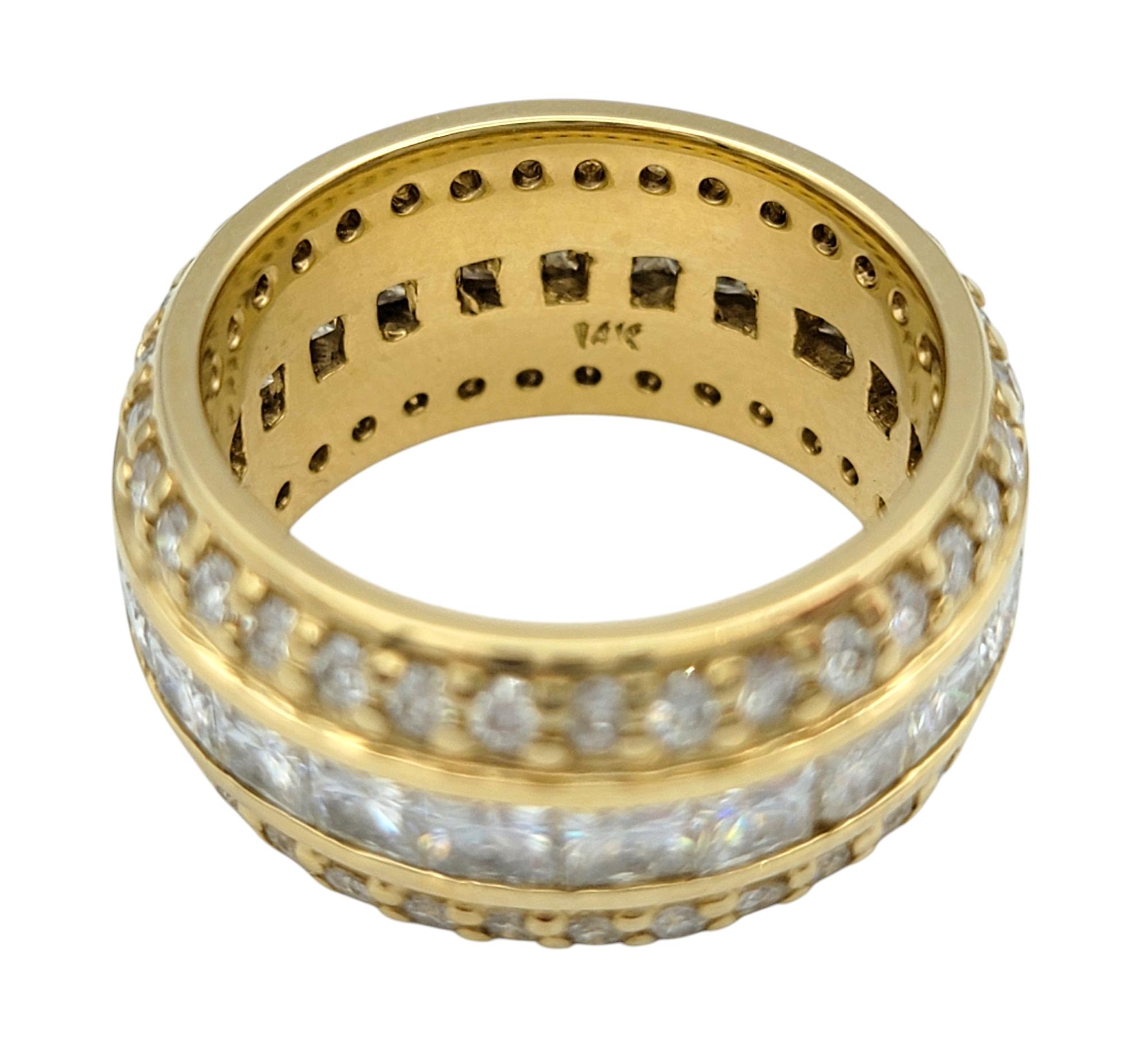 Women's Custom Princess and Round Cut Moissanite Wide Band Ring in 14 Karat Yellow Gold For Sale