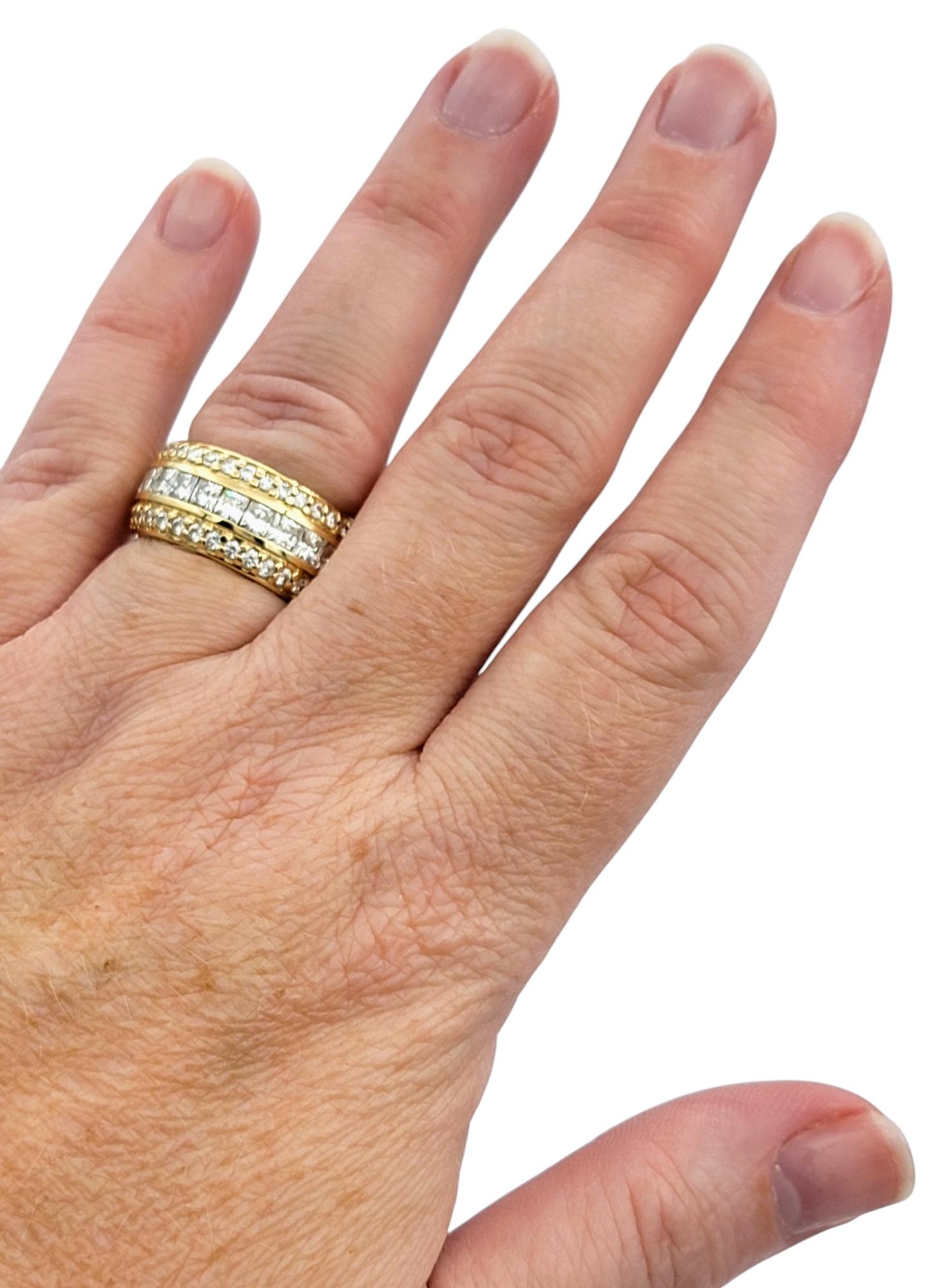 Custom Princess and Round Cut Moissanite Wide Band Ring in 14 Karat Yellow Gold For Sale 1