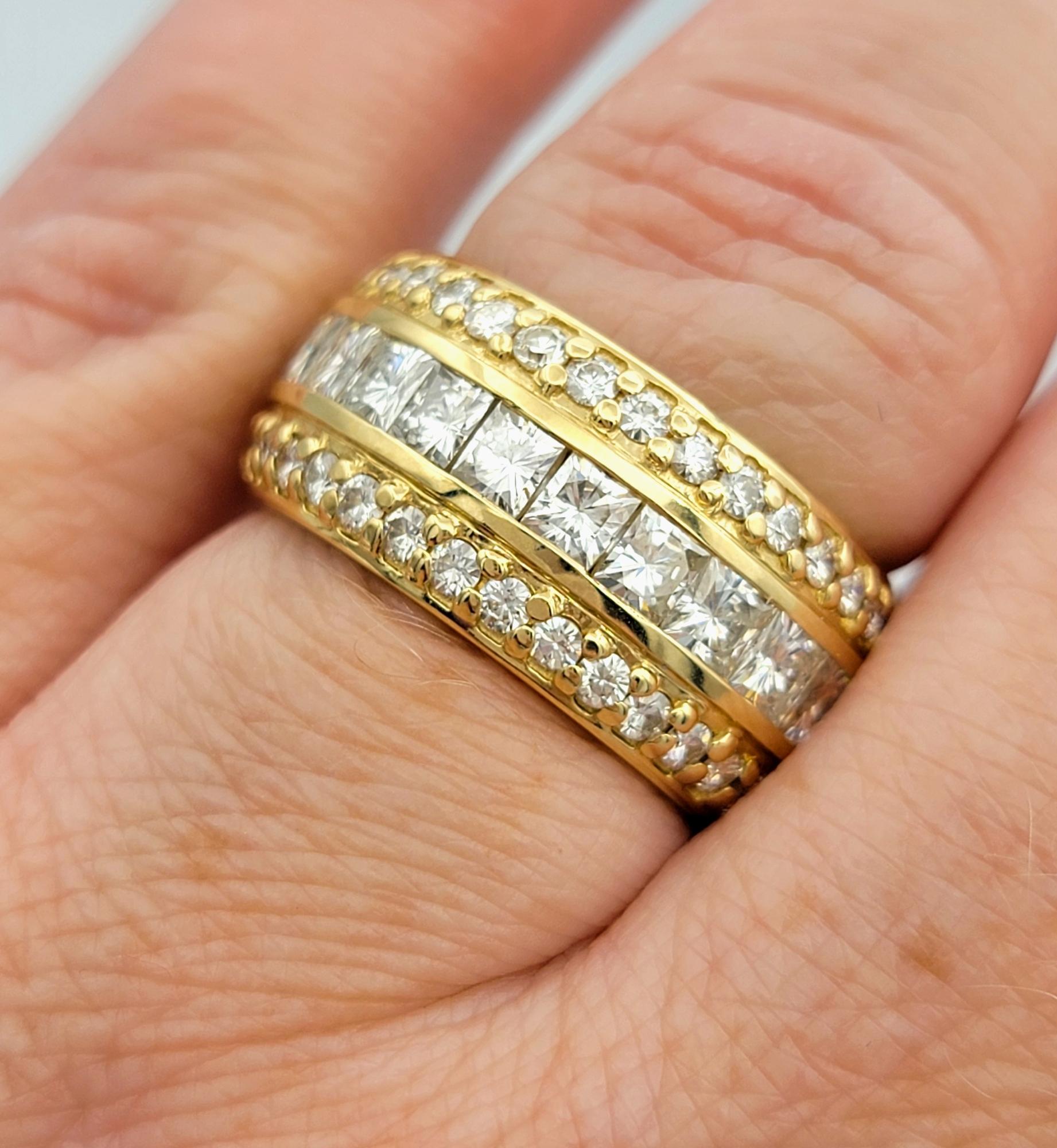Custom Princess and Round Cut Moissanite Wide Band Ring in 14 Karat Yellow Gold For Sale 2