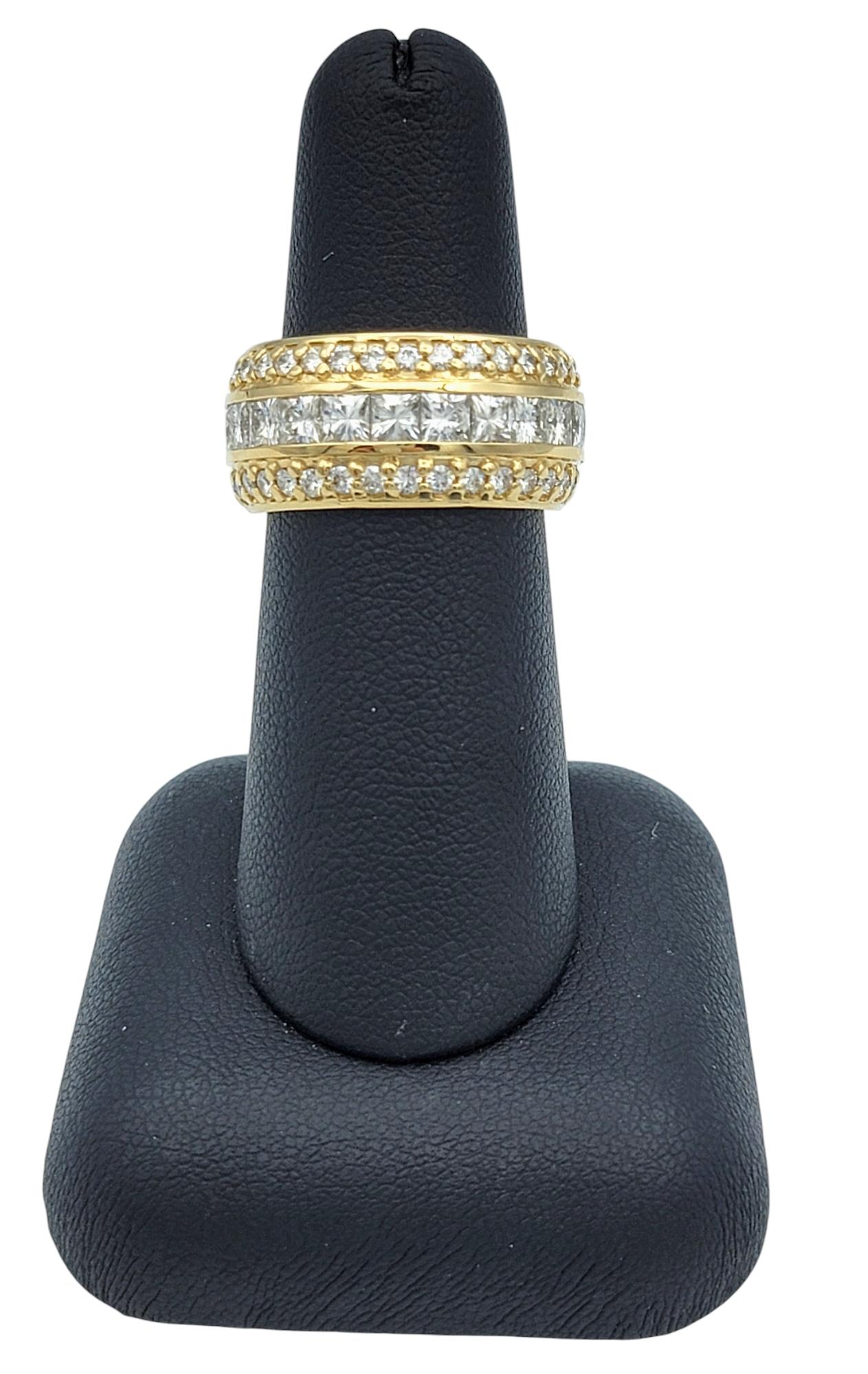 Custom Princess and Round Cut Moissanite Wide Band Ring in 14 Karat Yellow Gold For Sale 3
