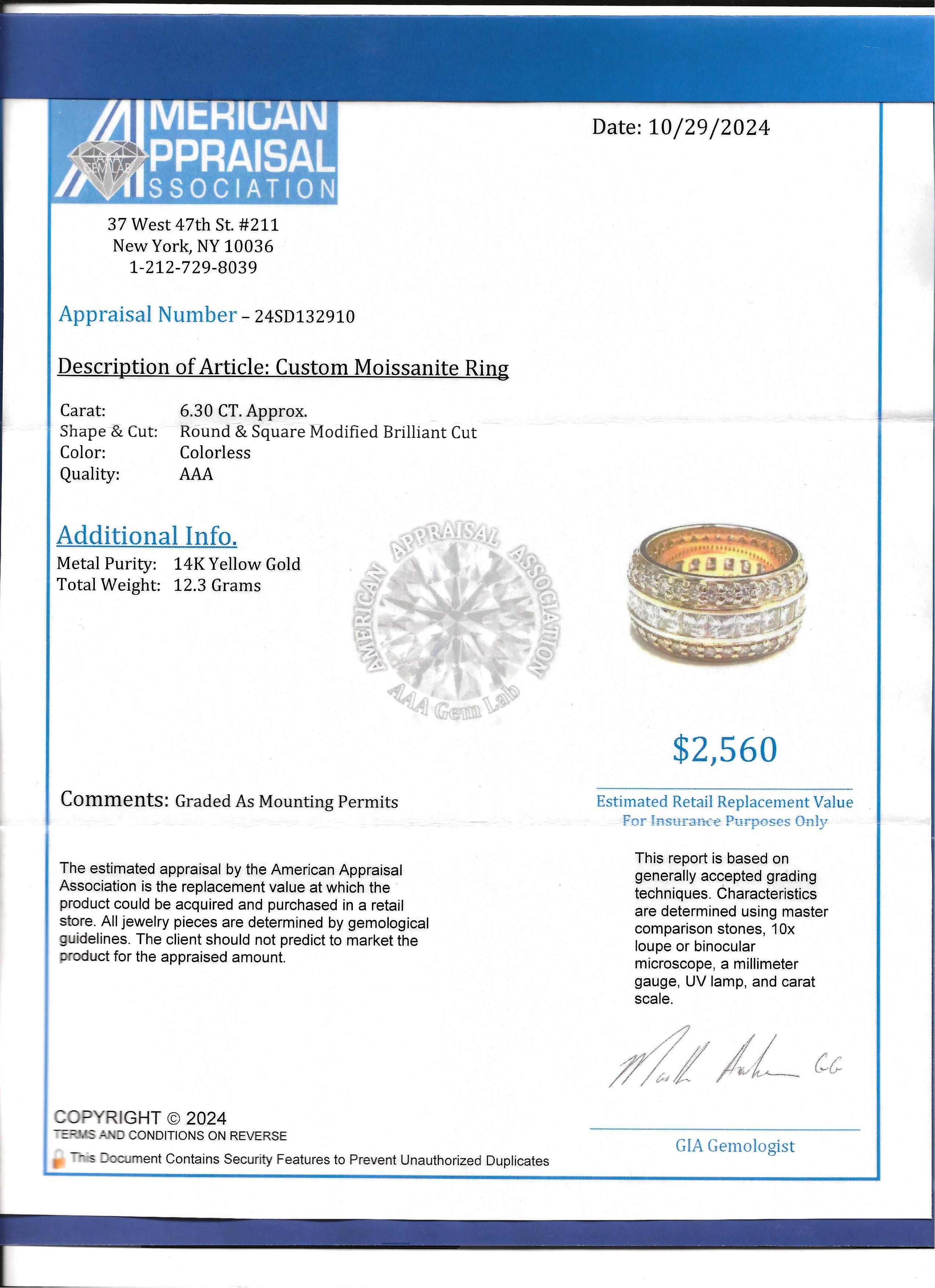 Custom Princess and Round Cut Moissanite Wide Band Ring in 14 Karat Yellow Gold For Sale 4