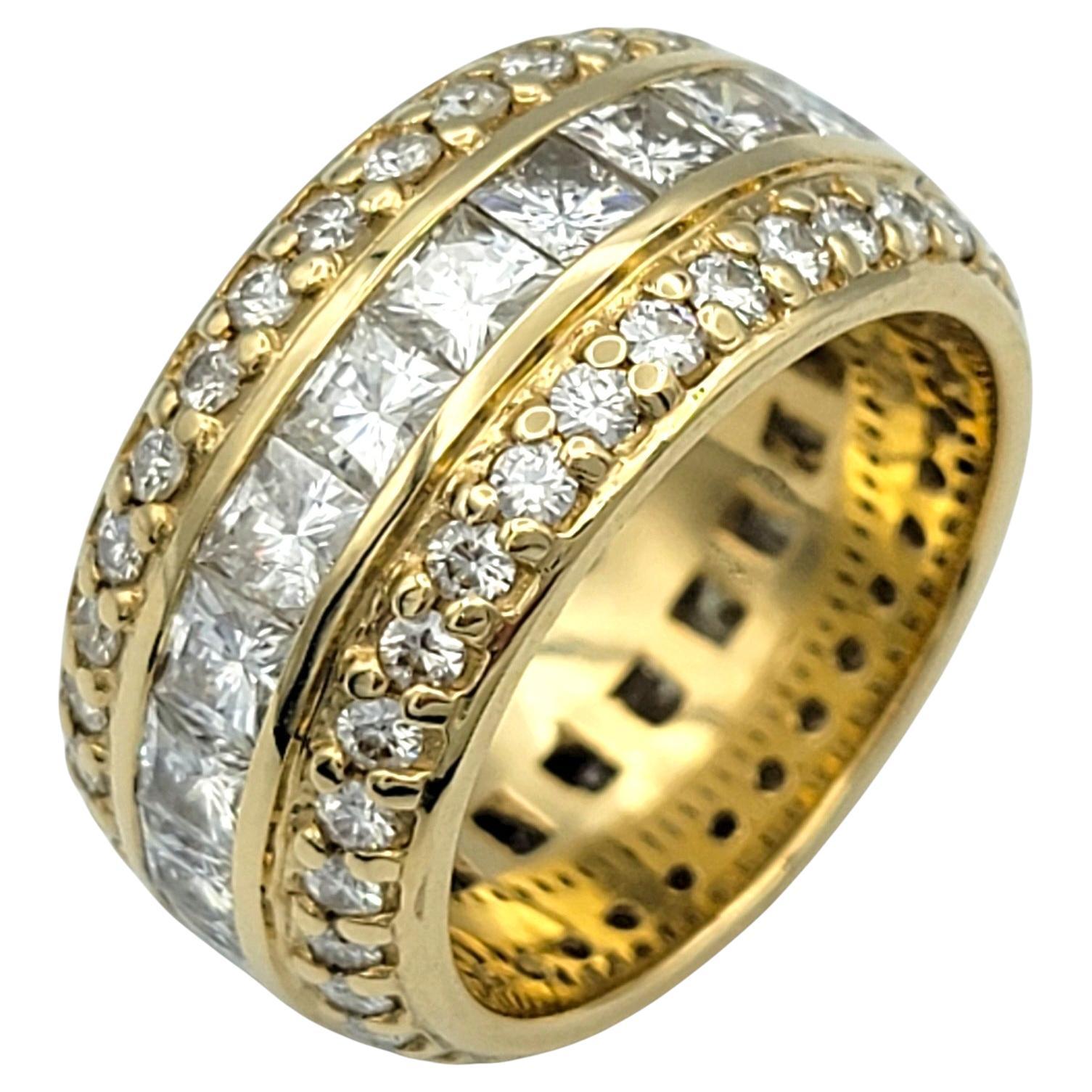 Custom Princess and Round Cut Moissanite Wide Band Ring in 14 Karat Yellow Gold