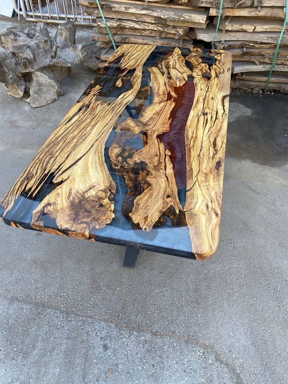 Turkish Custom Project Olive Epoxy Table - Black Transparent Resin Dining Table For Sale