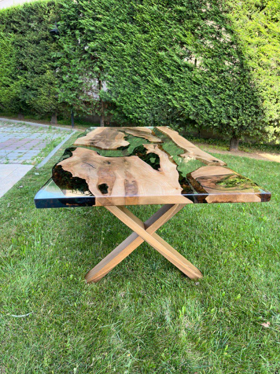 Brushed Custom Project Walnut Slab Epoxy Resin Dining Table - Office Table - Handmade For Sale