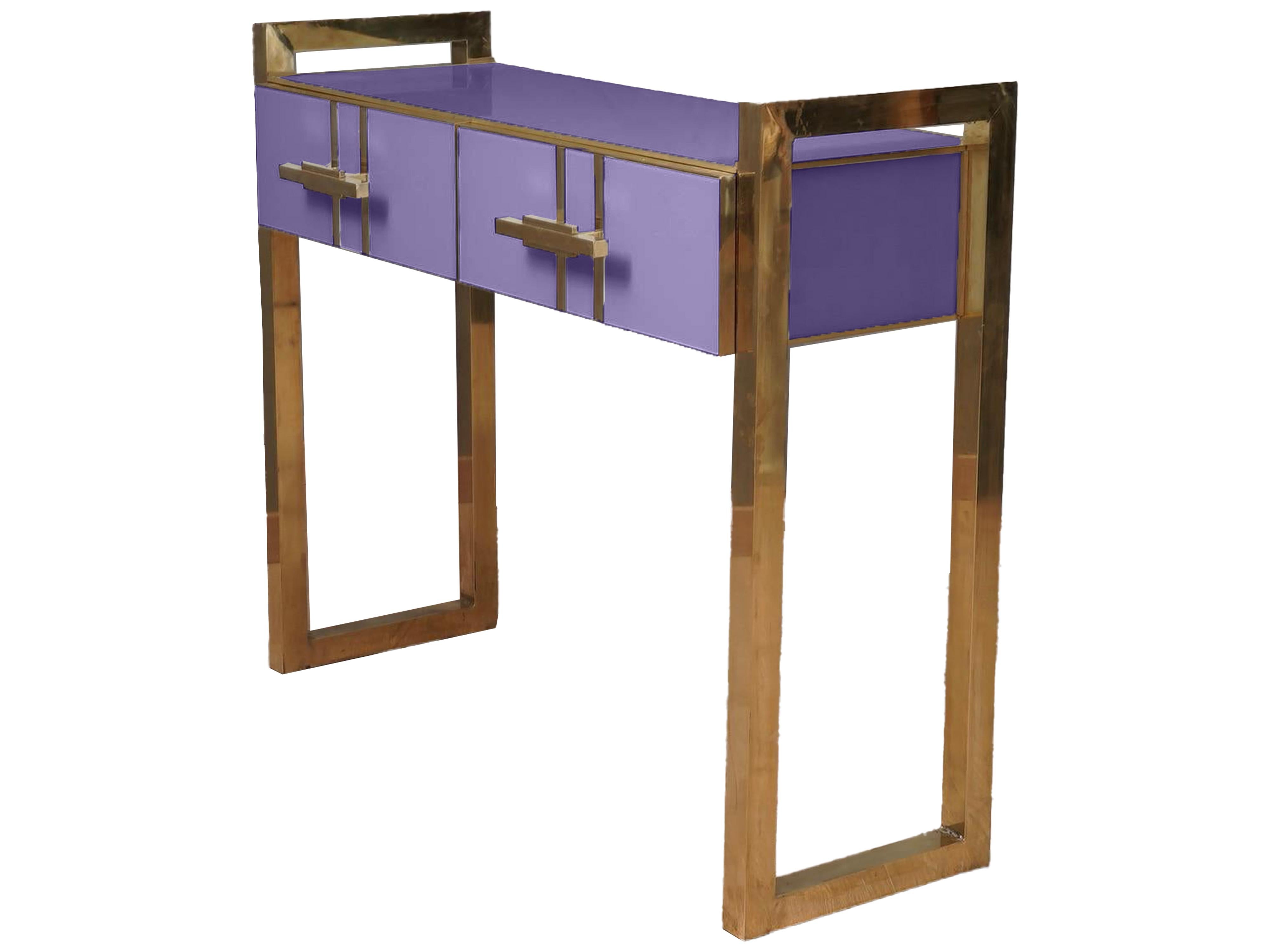 Moderne Table console en verre de Murano violet personnalisée avec pieds en laiton disponible en vente