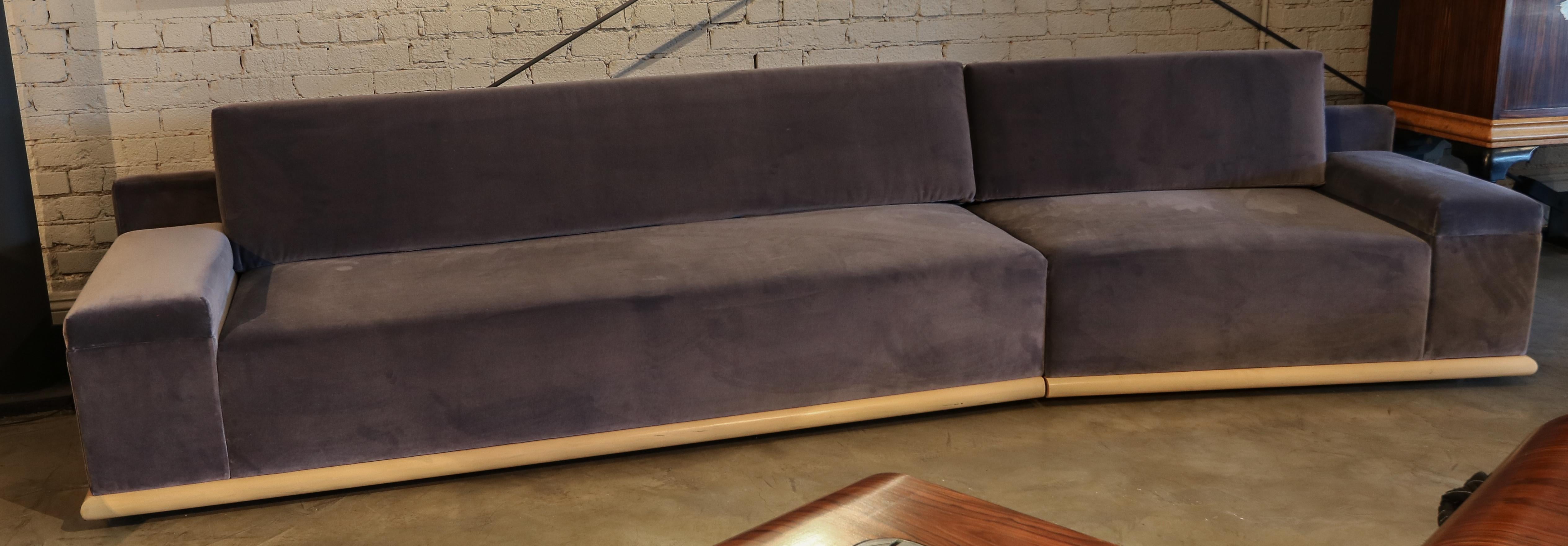 Custom midcentury style sectional sofa in plush velvet in lavender purple with maple wood base. Made in Los Angeles by Adesso Imports. Can be done in different sizes, colors and fabrics.

Measures: Large section 83