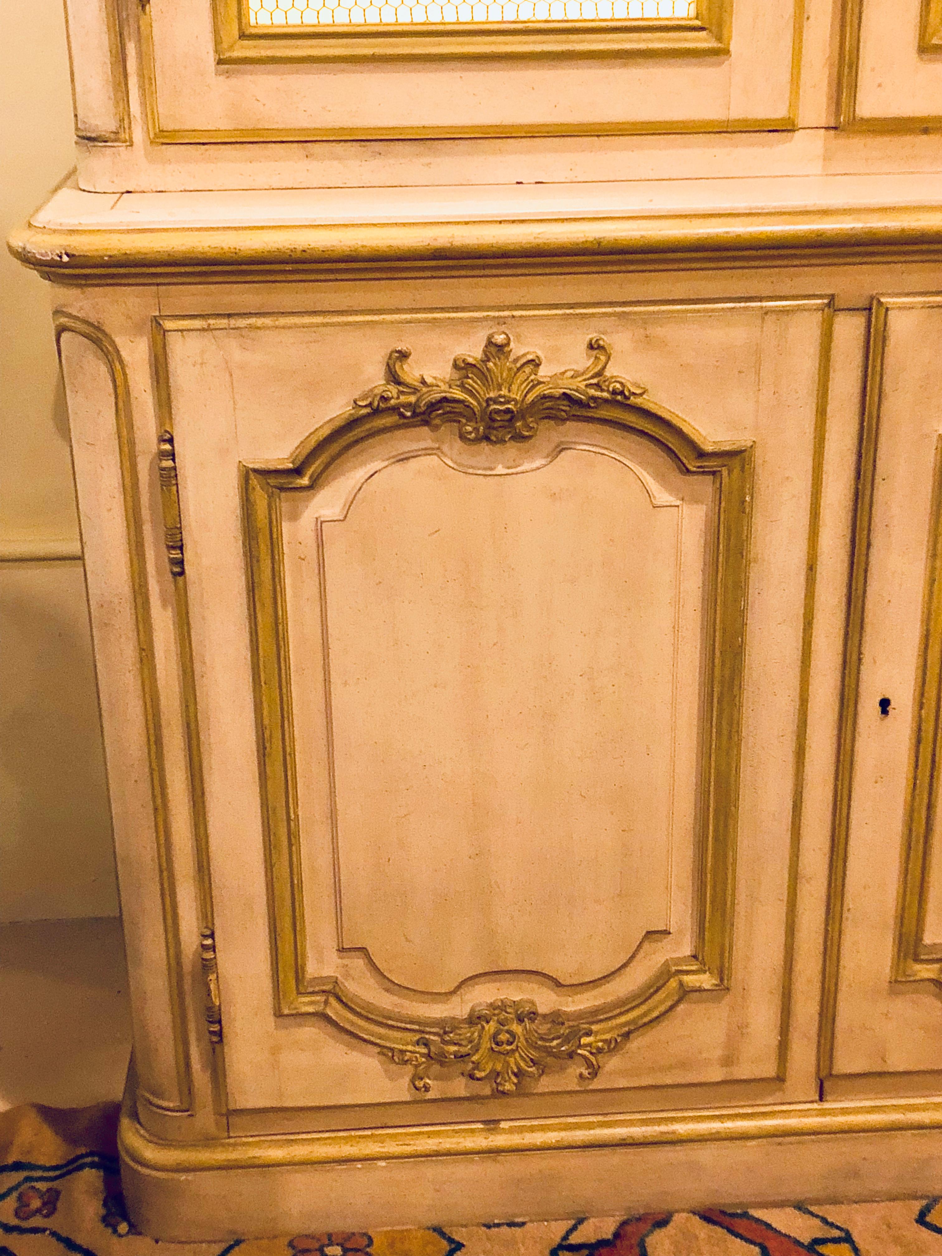 Custom Quality Baker Cream and Gilt Distressed China Cabinet Oak Lined Two-Piece 3