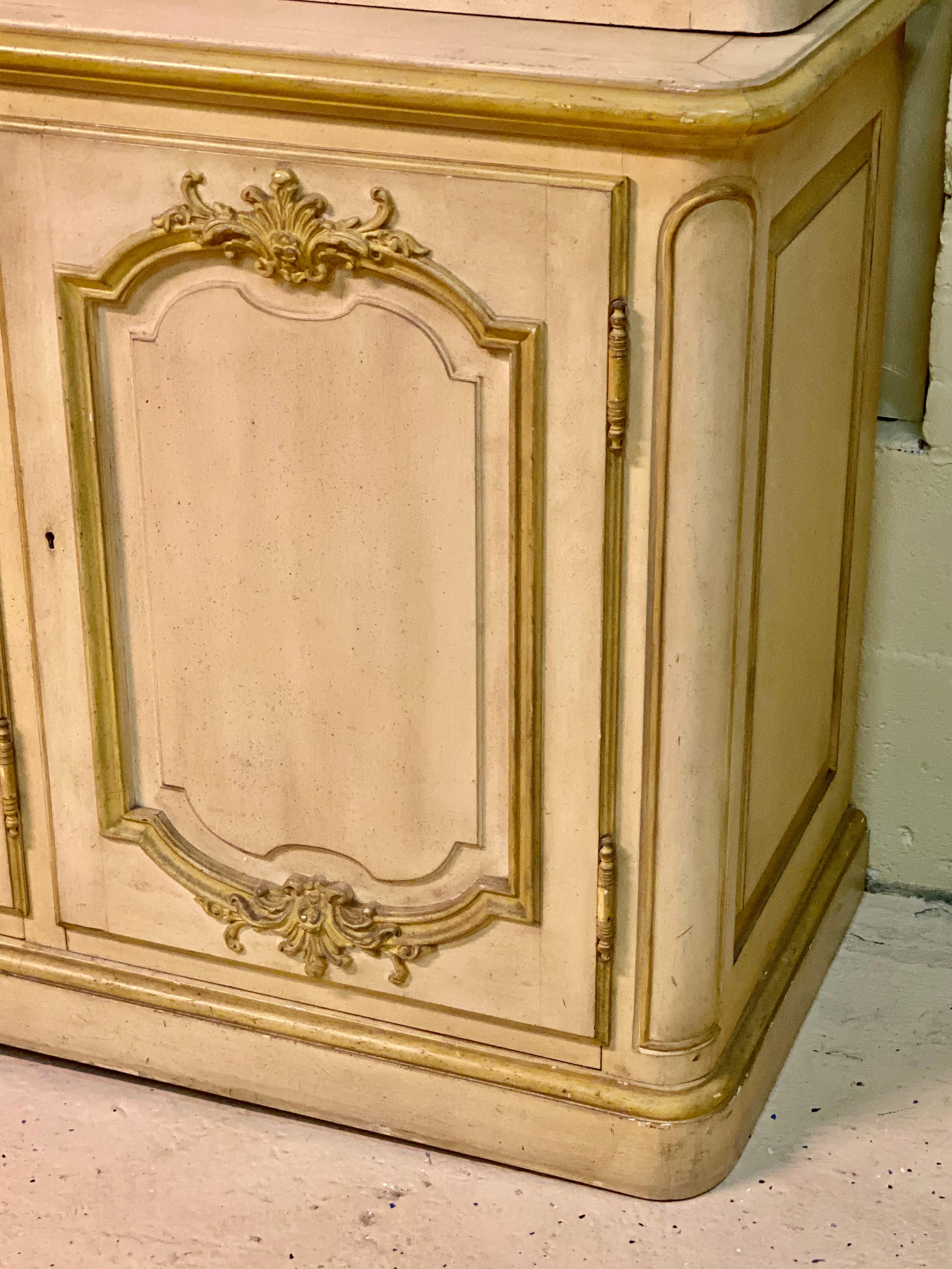 Neoclassical Custom Quality Baker Cream and Gilt Distressed China Cabinet Oak Lined Two-Piece