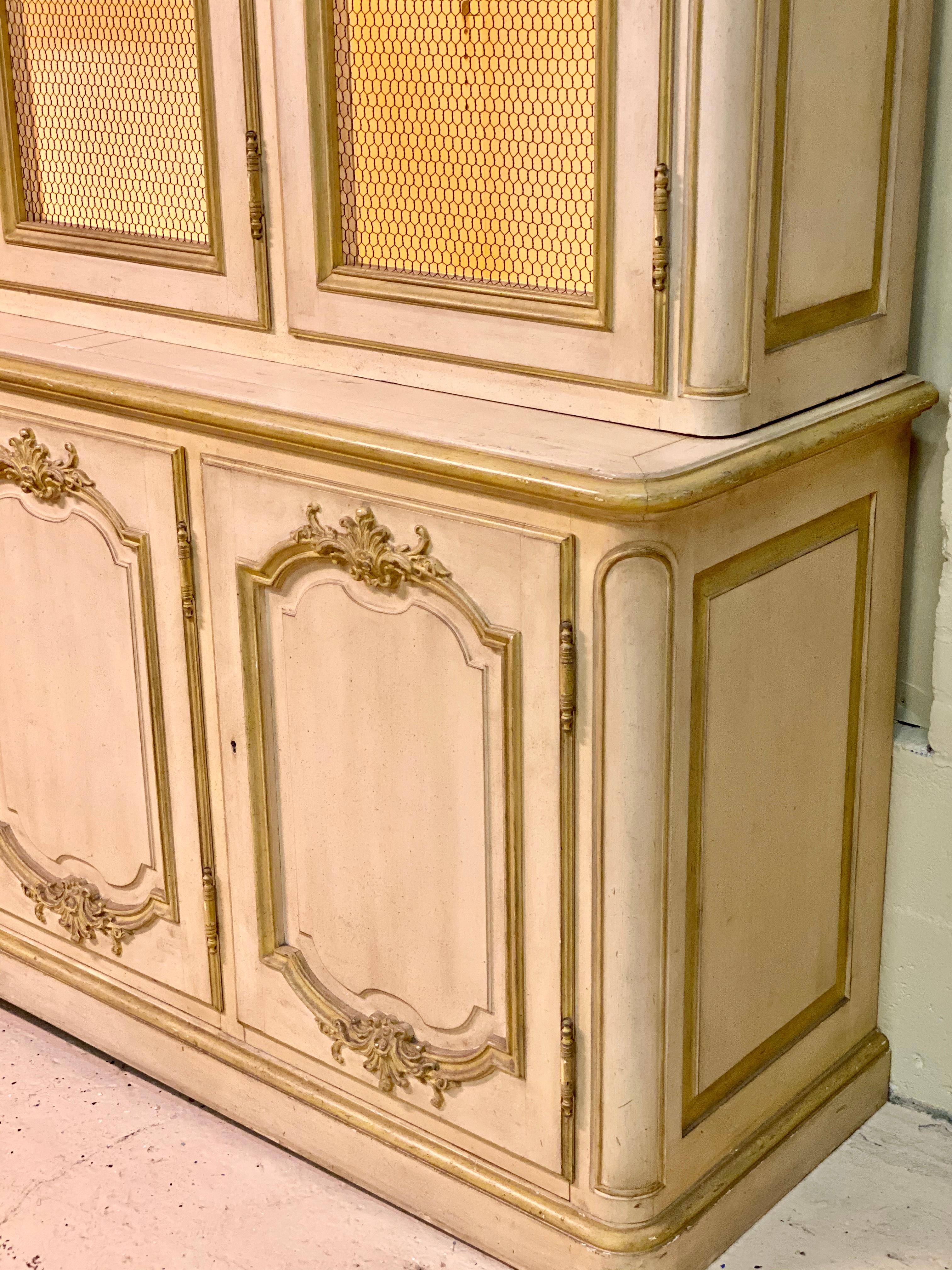 American Custom Quality Baker Cream and Gilt Distressed China Cabinet Oak Lined Two-Piece
