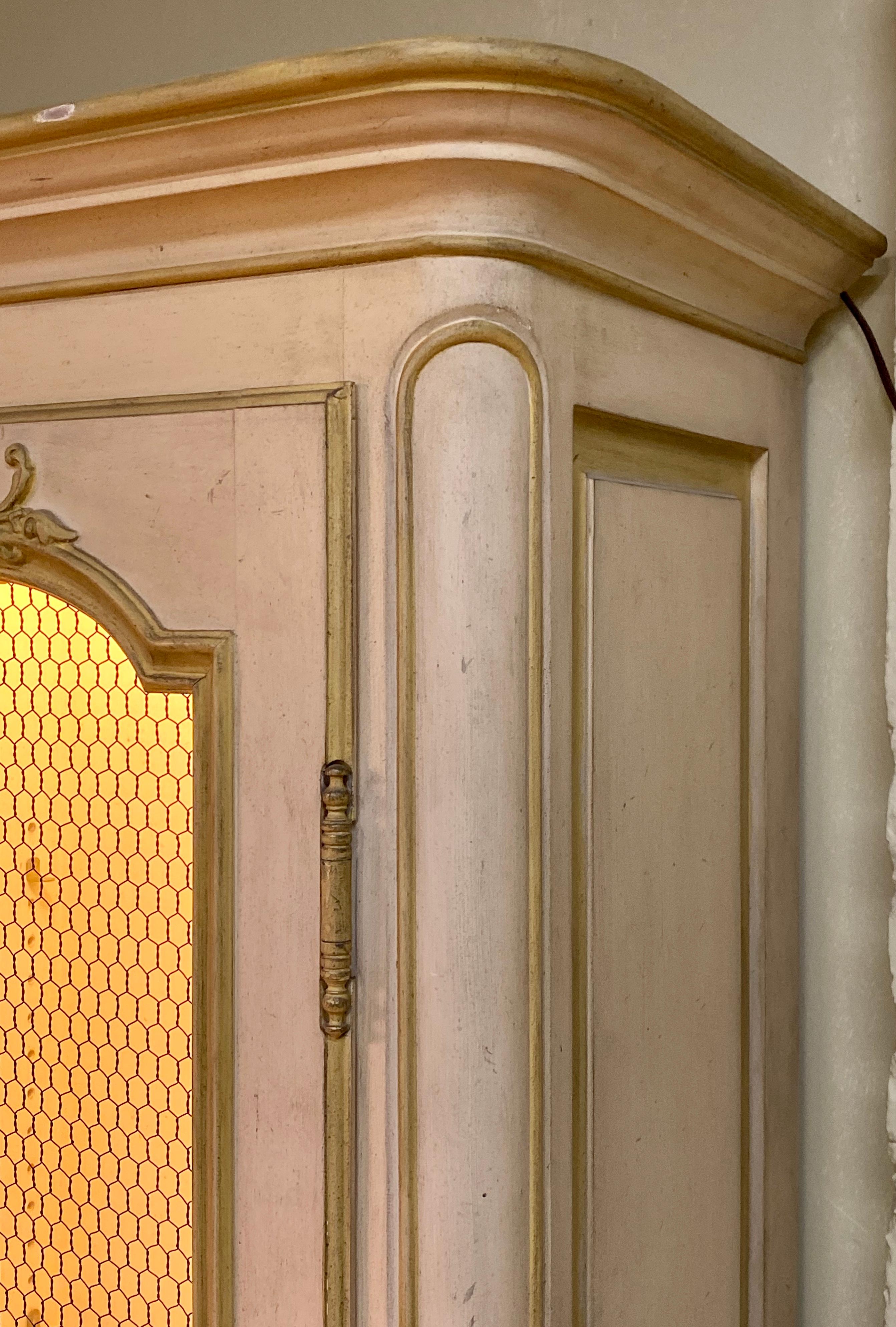 20th Century Custom Quality Baker Cream and Gilt Distressed China Cabinet Oak Lined Two-Piece