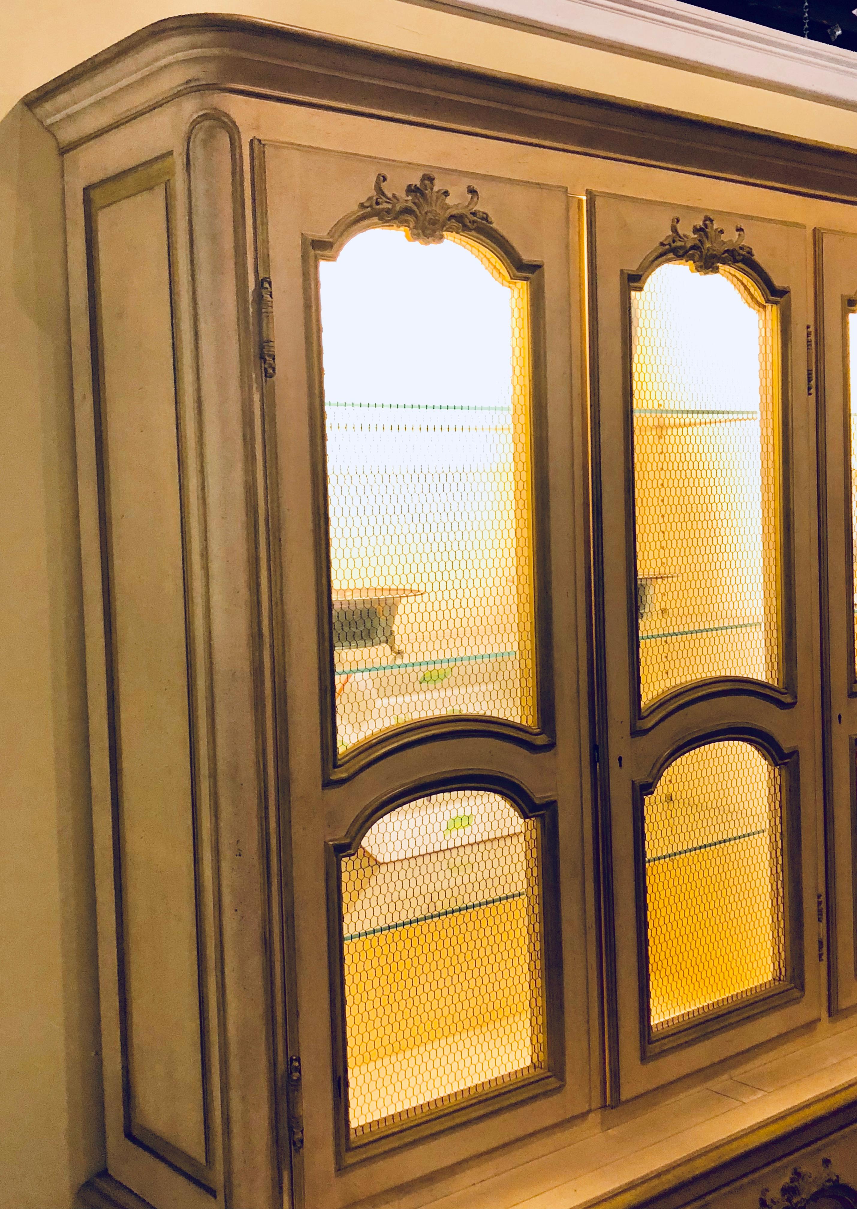 Custom Quality Baker Cream and Gilt Distressed China Cabinet Oak Lined Two-Piece 2