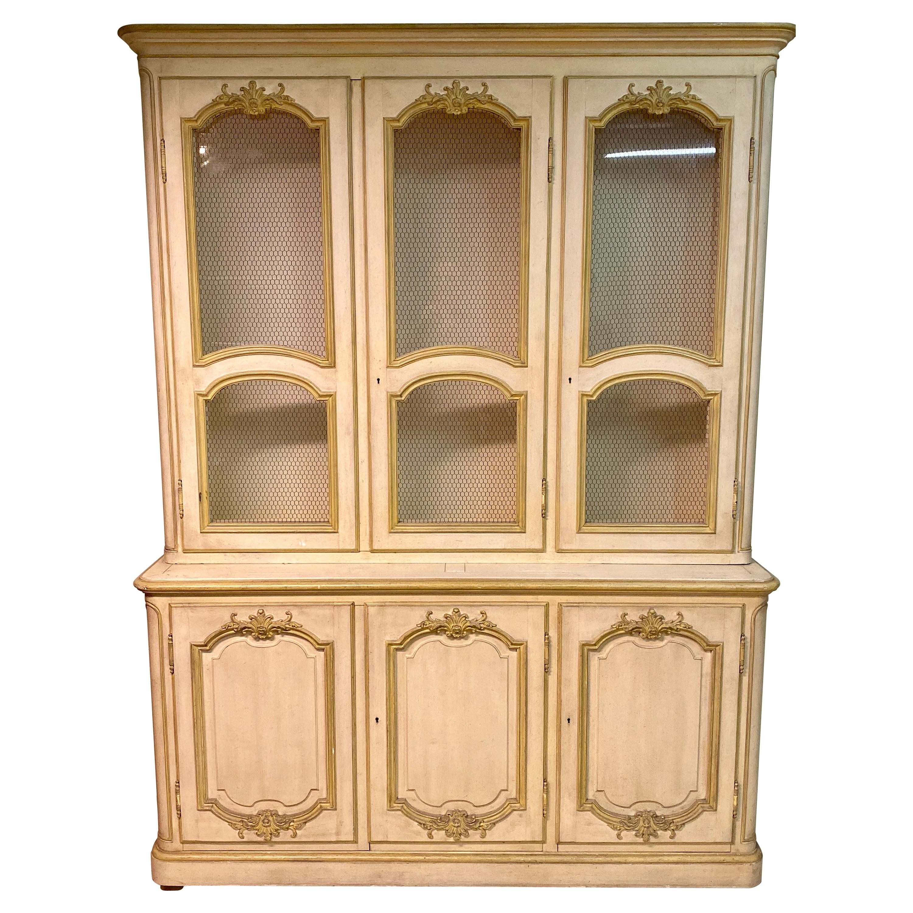 Custom Quality Baker Cream and Gilt Distressed China Cabinet Oak Lined Two-Piece