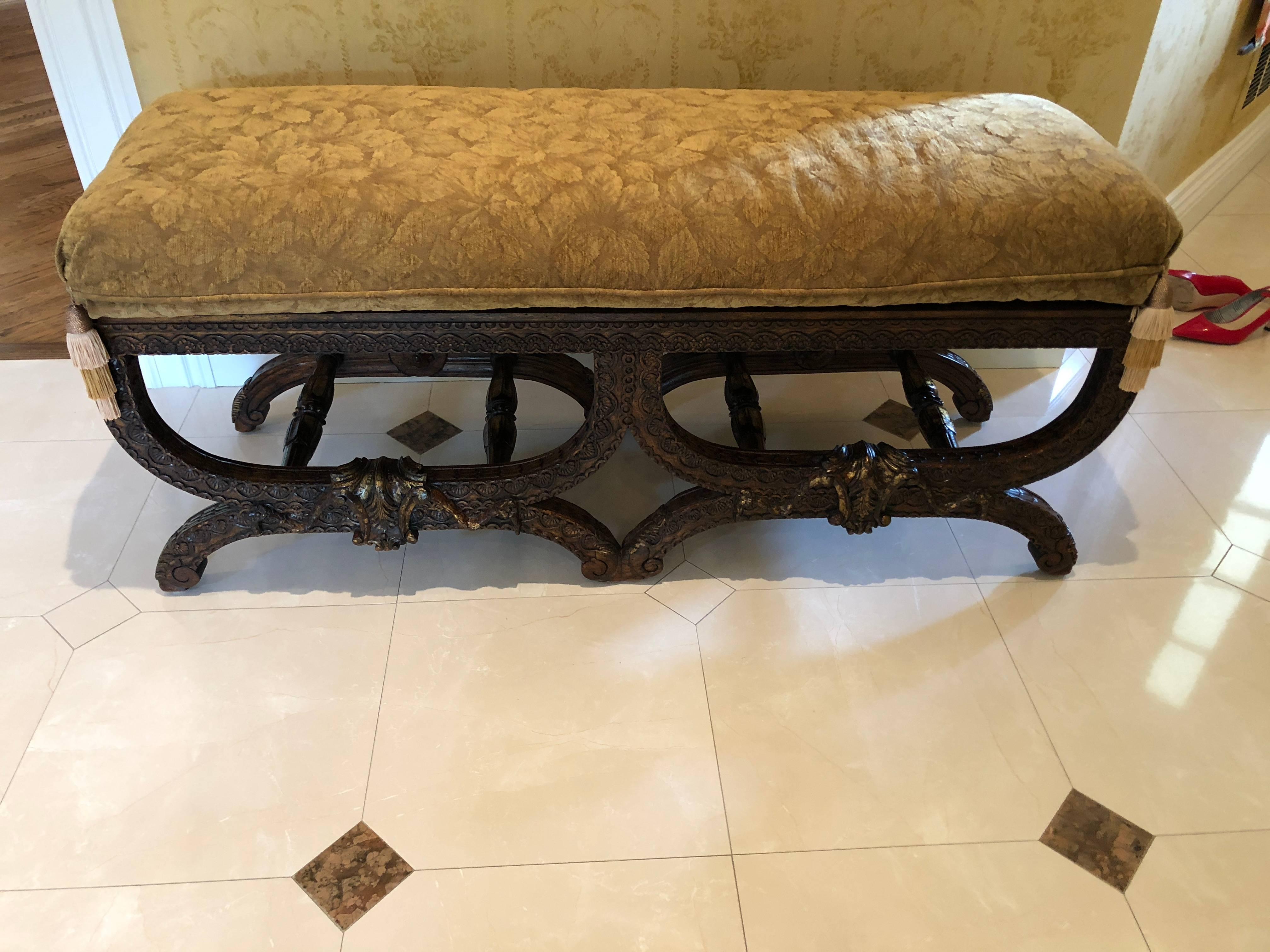 Belle Époque Custom Quality Walnut Window Bench Finely Carved with Custom Cushion