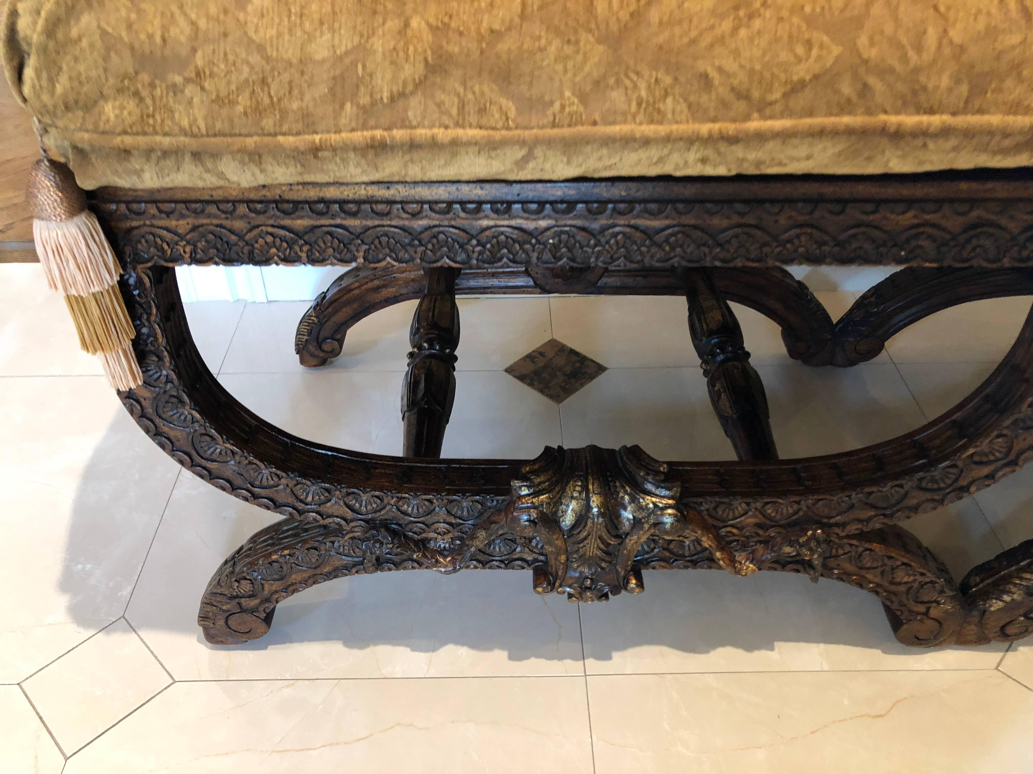 Custom Quality Walnut Window Bench Finely Carved with Custom Cushion In Good Condition In Stamford, CT