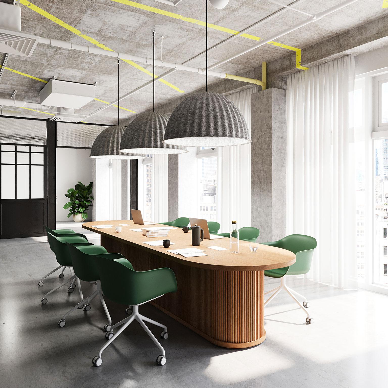 The radius conference table is a furniture piece that will set the tone of professionalism and style in your office. Solid wood has been trusted for generations as a durable and prestigious construction material. The table’s tambour wood wrapped