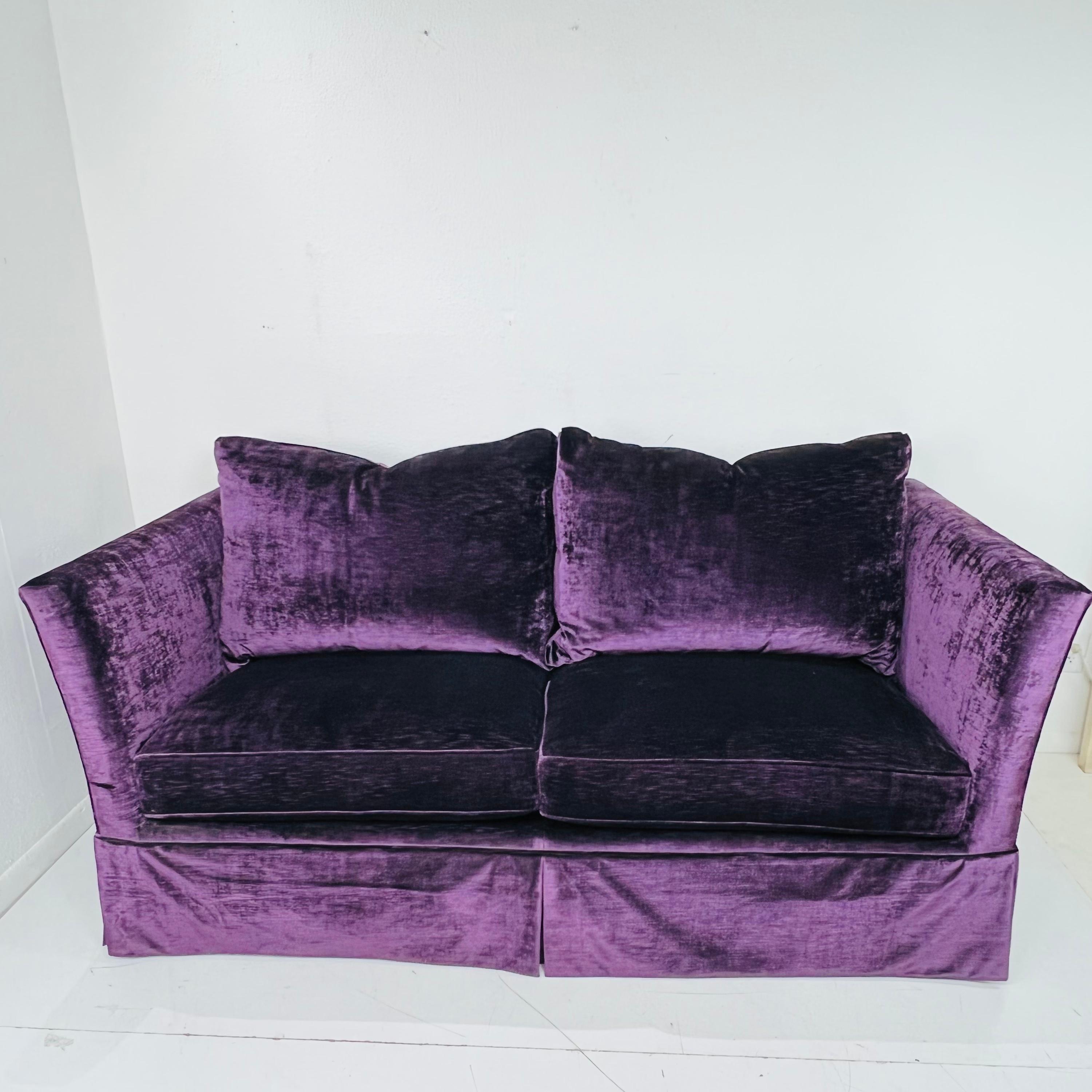 Hollywood Regency Custom Ralph Lauren Skirted Velvet Sofa (2 Available) For Sale