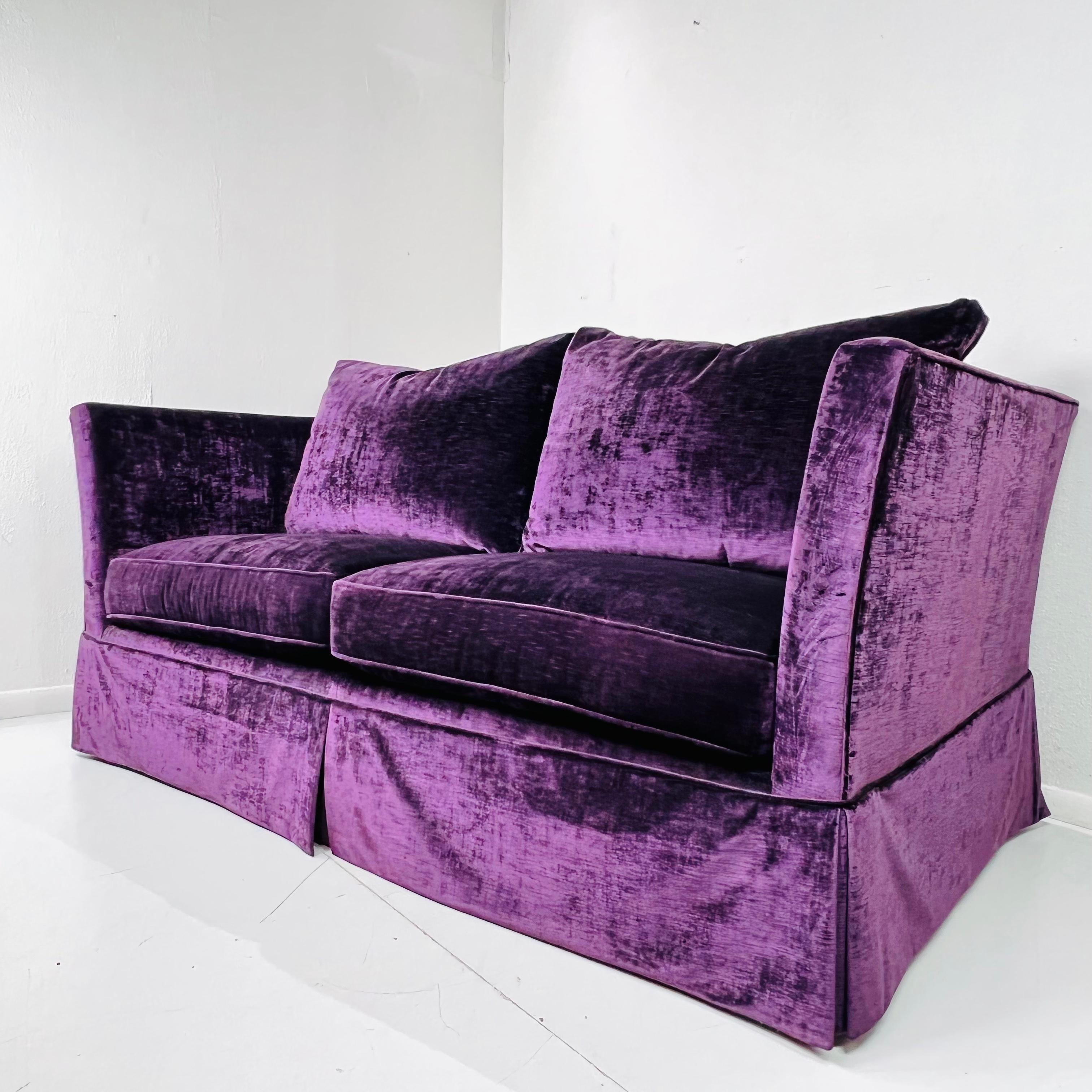 North American Custom Ralph Lauren Skirted Velvet Sofa (2 Available) For Sale