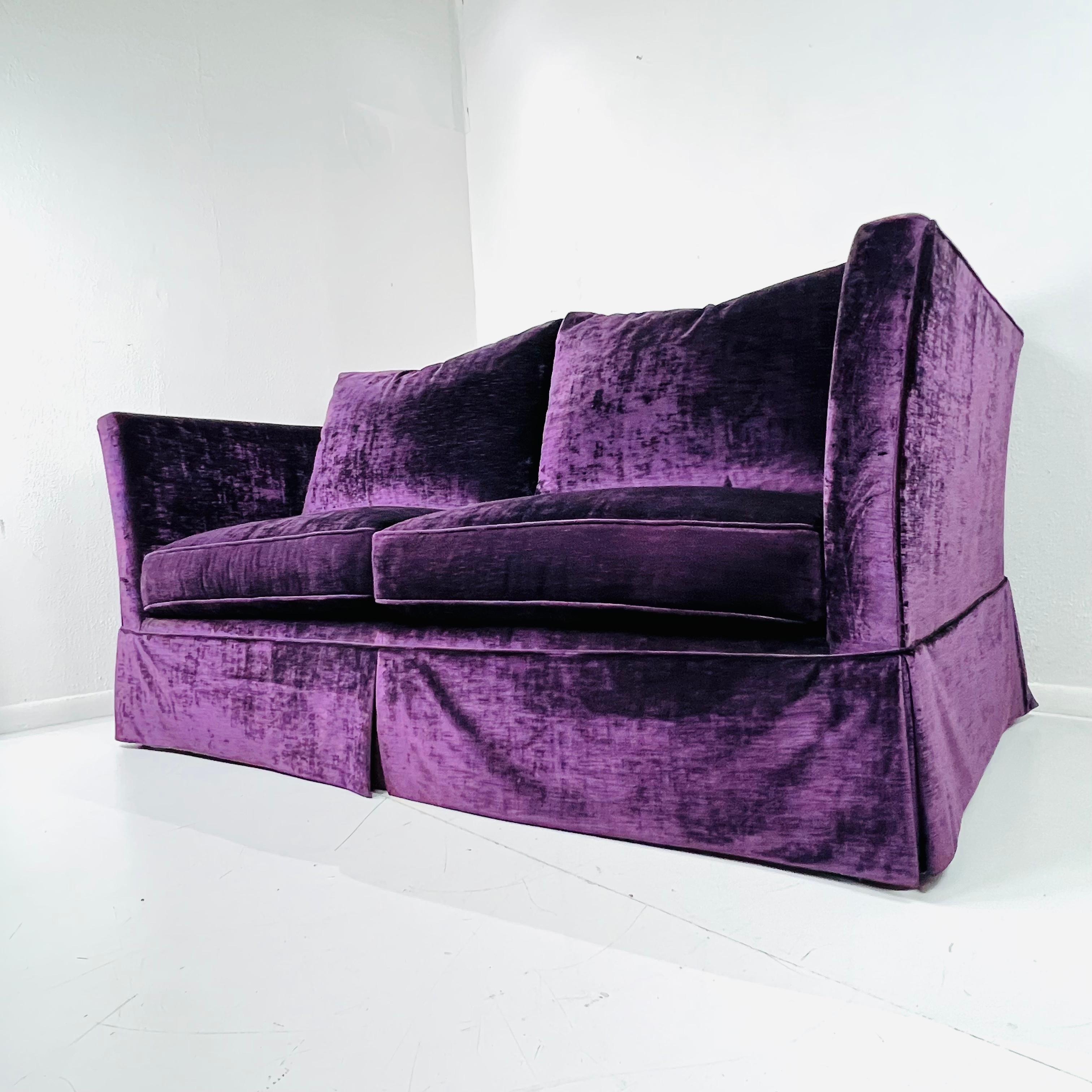 Late 20th Century Custom Ralph Lauren Skirted Velvet Sofa (2 Available) For Sale