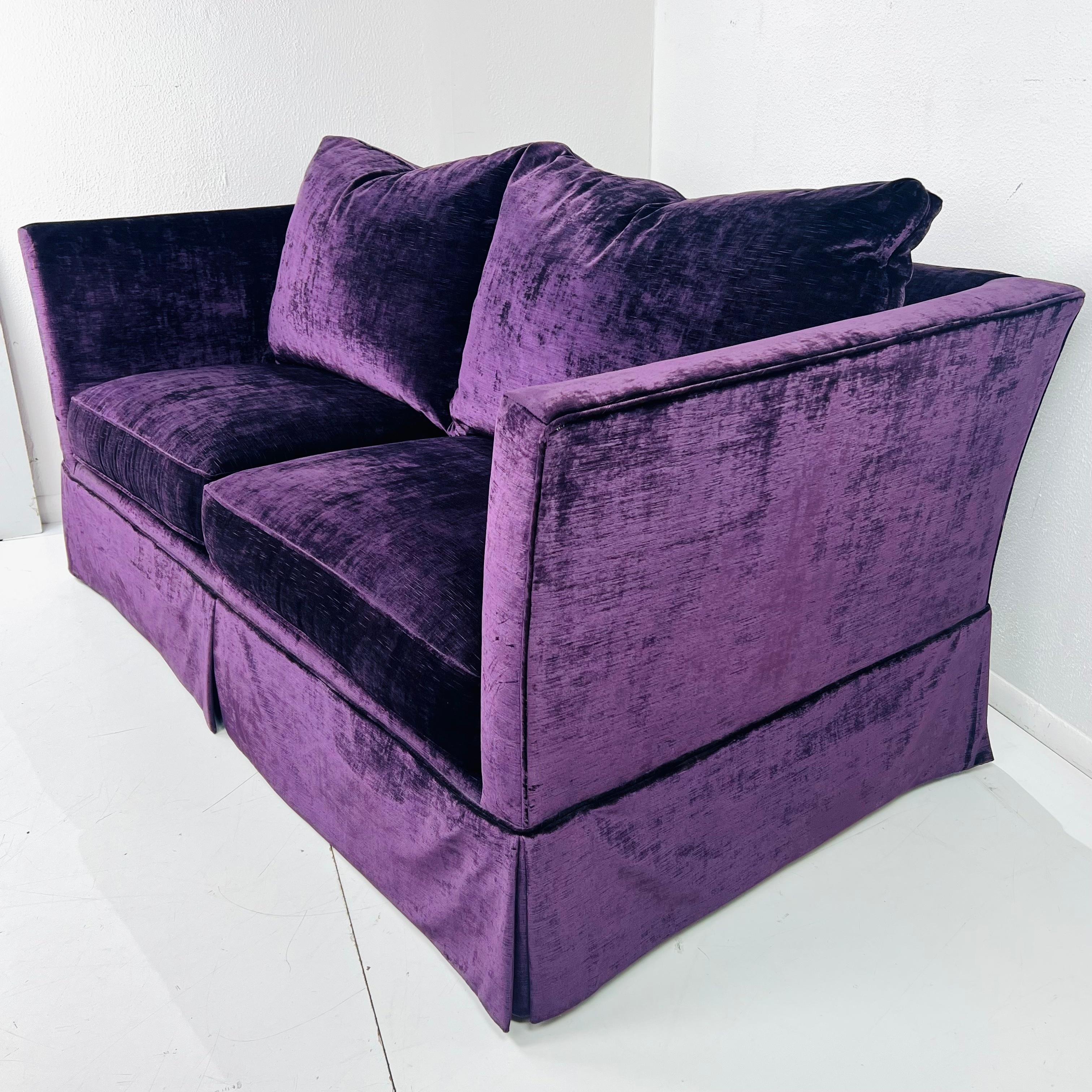 Chenille Custom Ralph Lauren Skirted Velvet Sofa (2 Available) For Sale