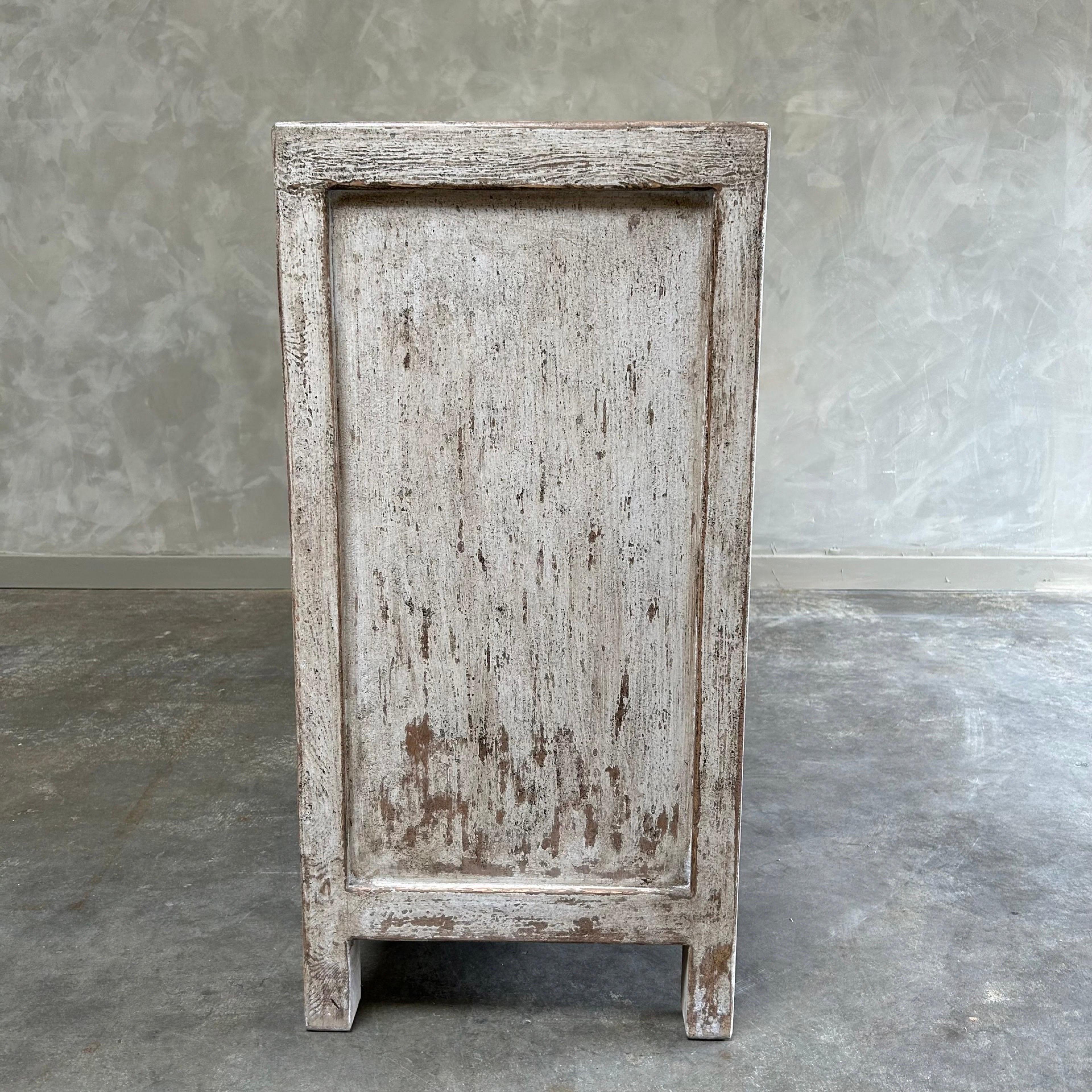 Custom Reclaimed Elm & Pine Wood Cabinet in Distressed White with 4 Doors In New Condition For Sale In Brea, CA
