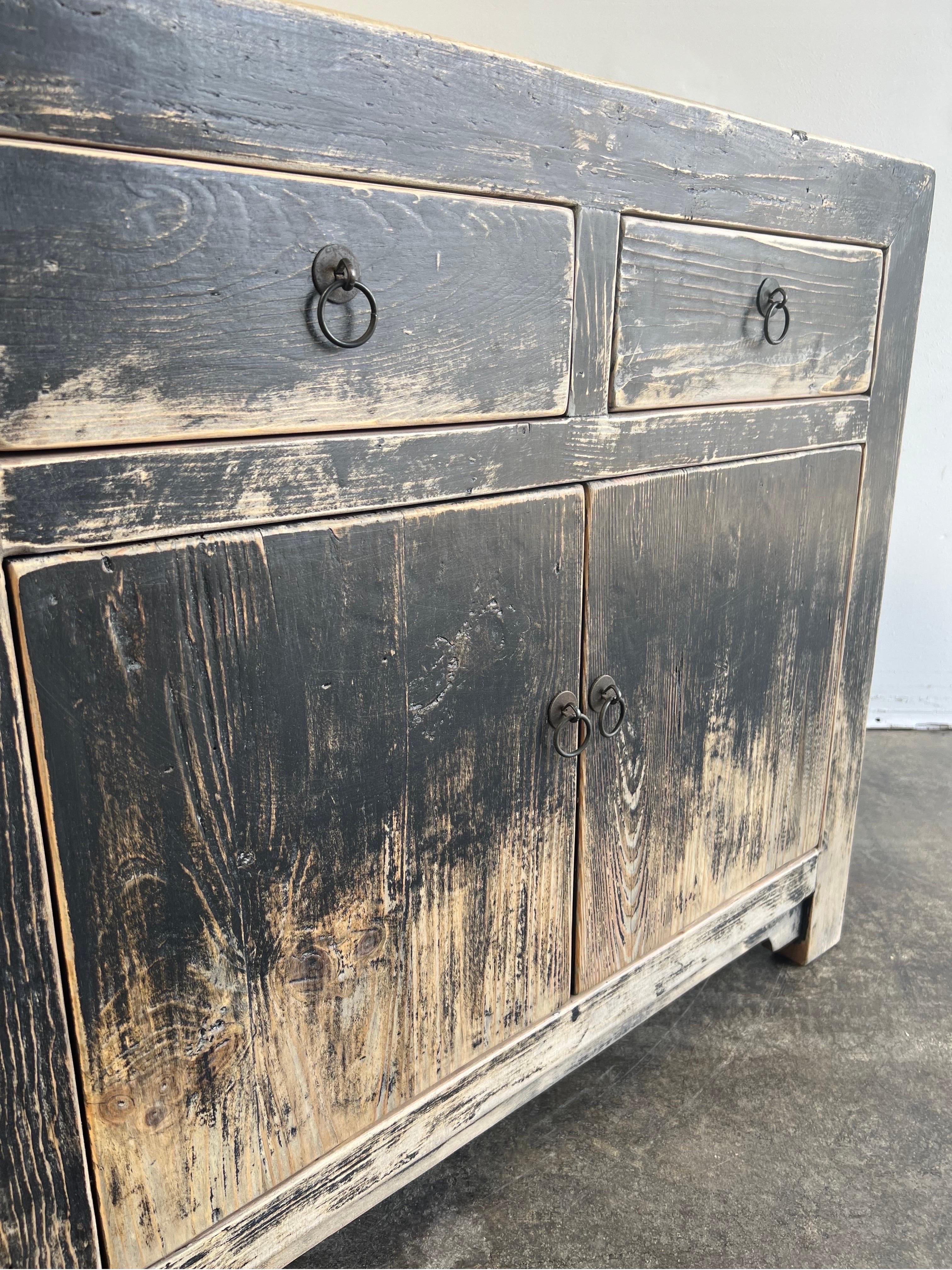 Custom Reclaimed Elm Wood 2 Door Cabinet with Drawers For Sale 5