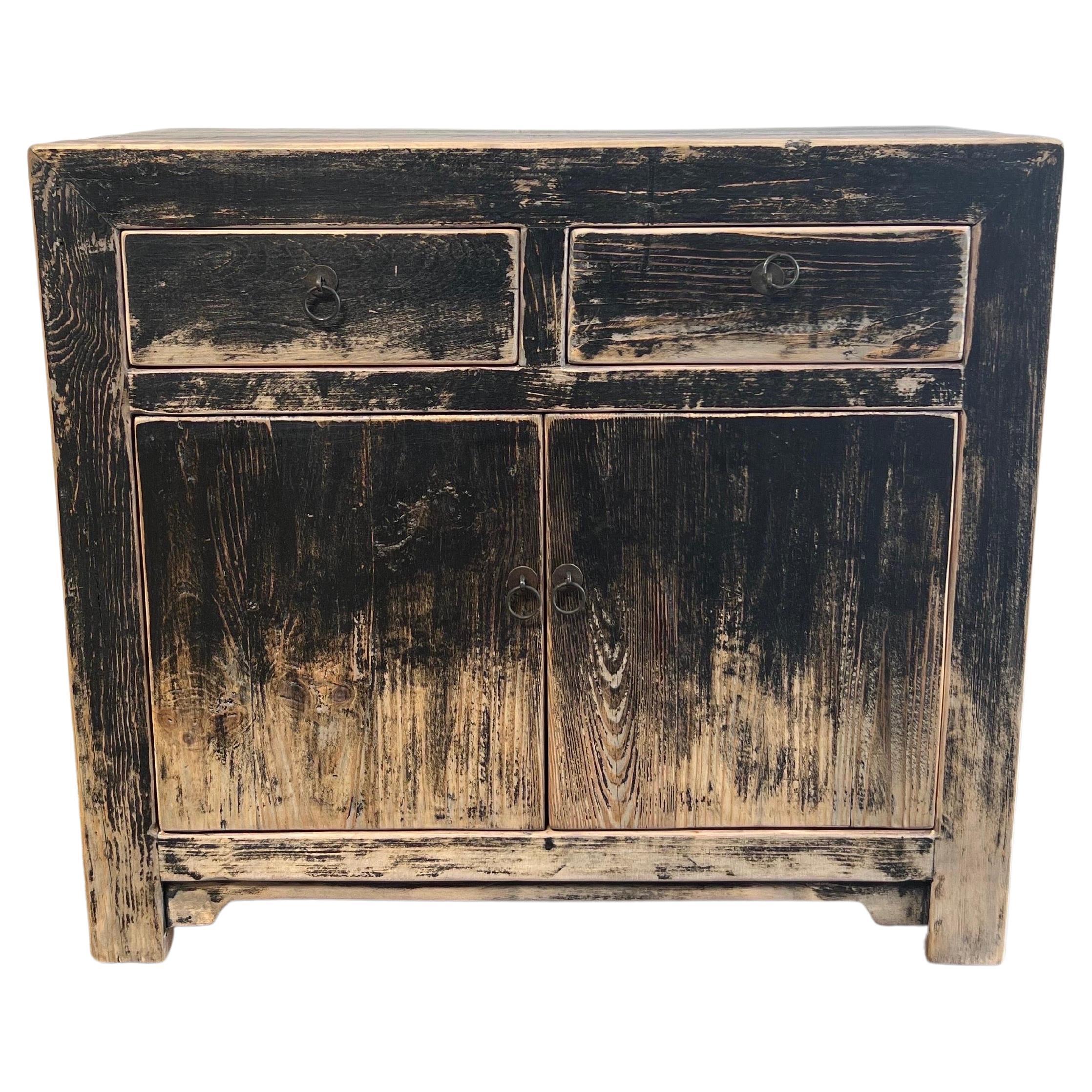 Custom Reclaimed Elm Wood 2 Door Cabinet with Drawers For Sale