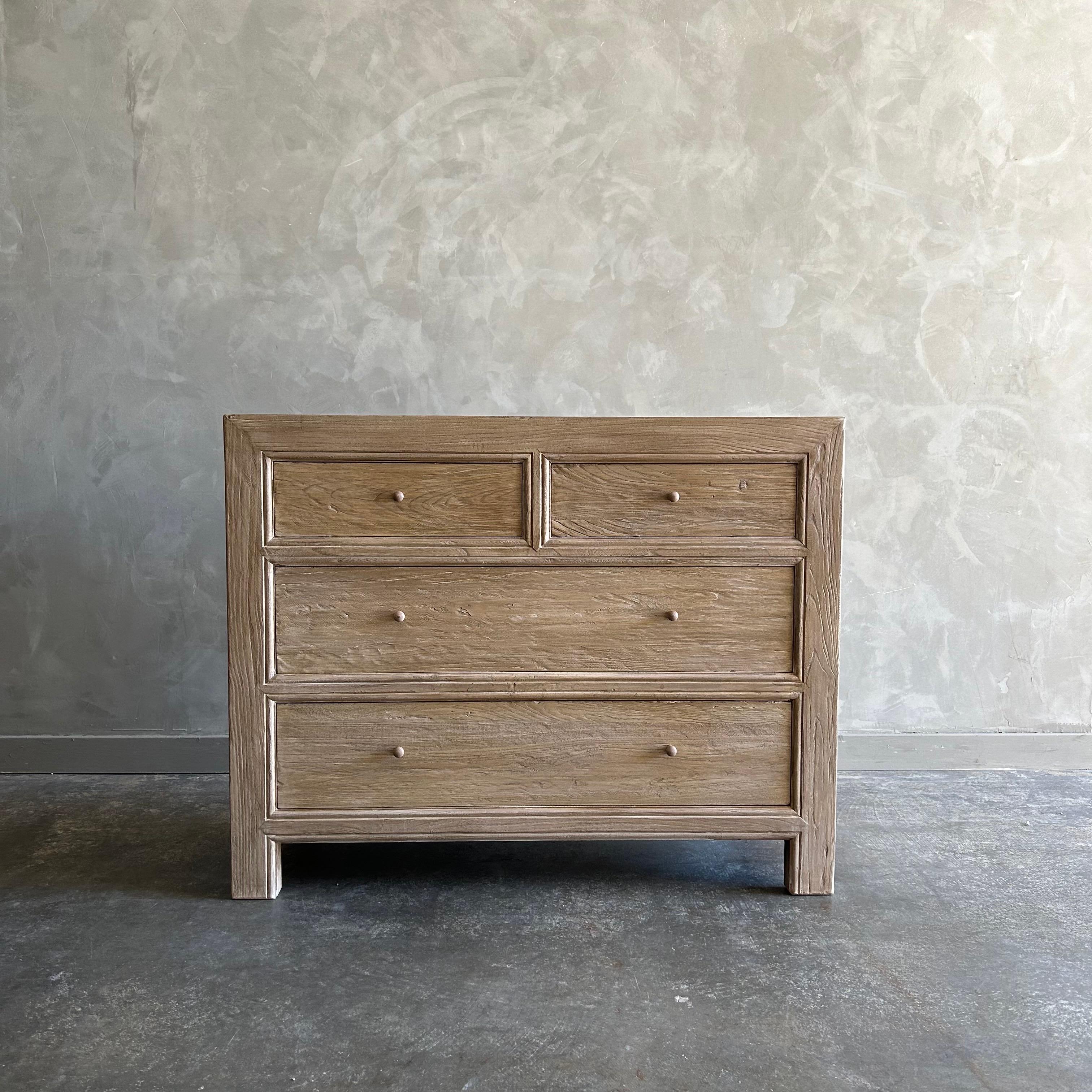 Our dresser is custom made from reclaimed elm wood in a natural finish.
 The eco-friendly dresser, is a great additional to any space. Experience the beauty of reclaimed wood while enjoying the convenience of abundant storage.
Dovetail construction