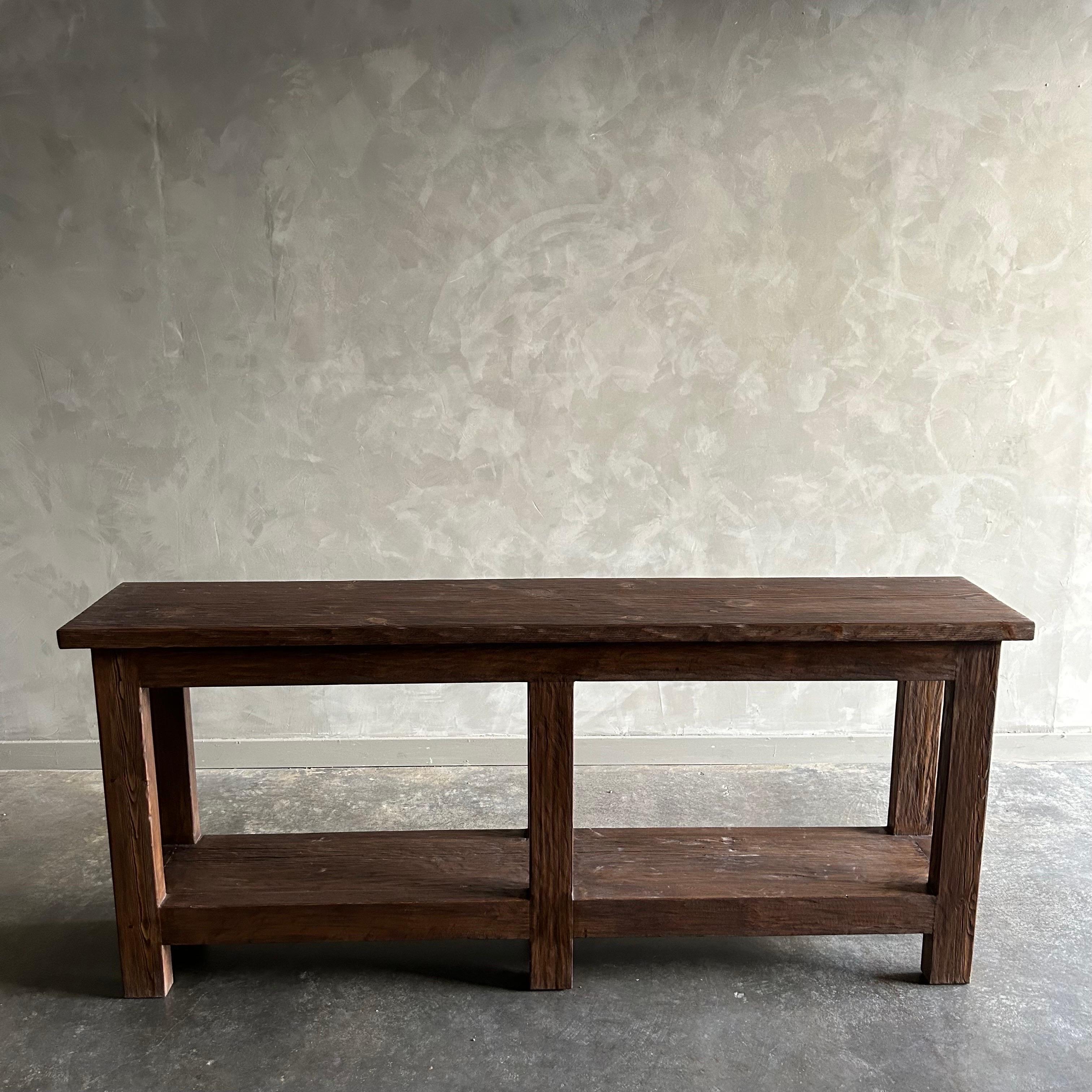 Organic Modern Custom Reclaimed Elm Wood Console Table In Dark Finish with Shelf For Sale