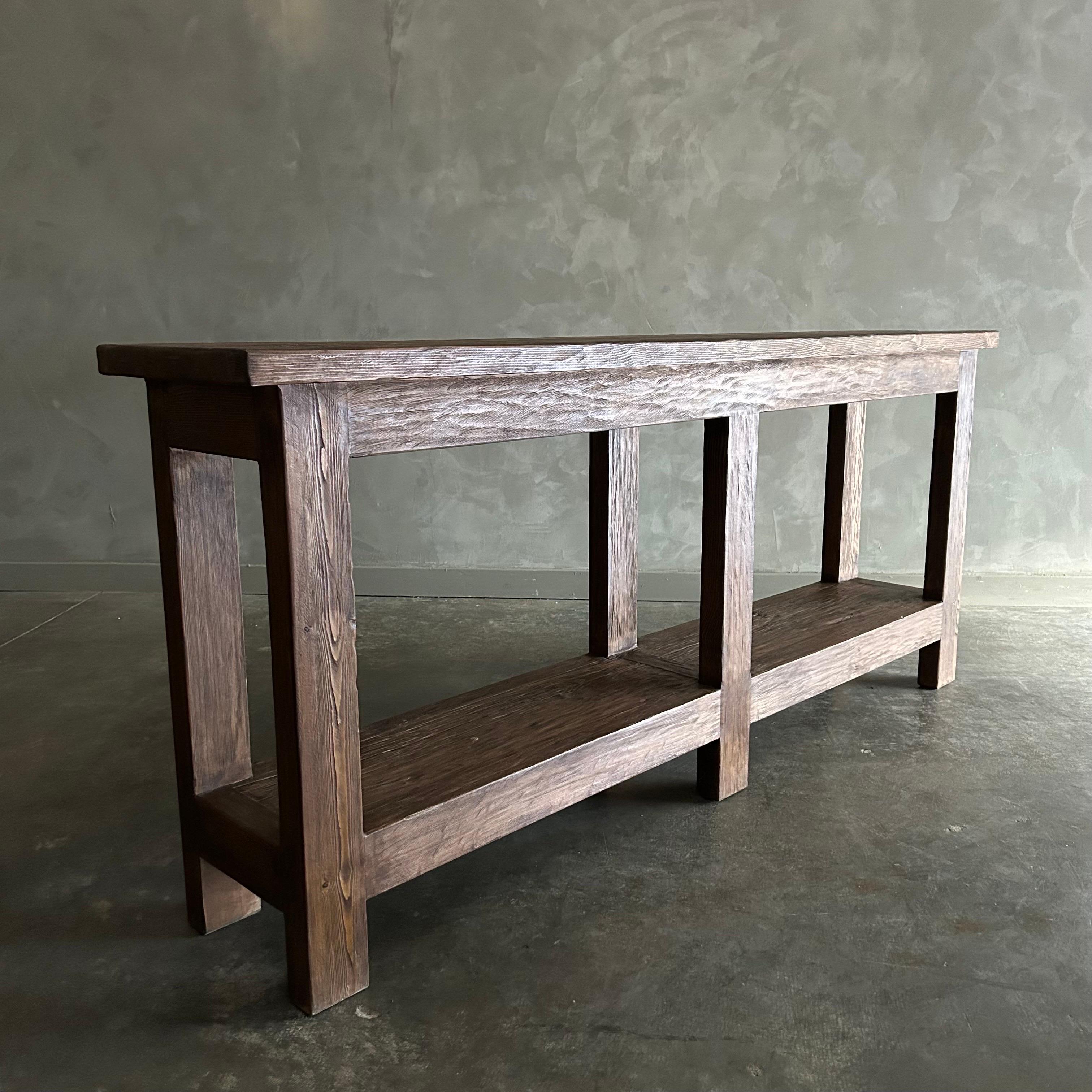 Hand-Crafted Custom Reclaimed Elm Wood Console Table In Dark Finish with Shelf For Sale